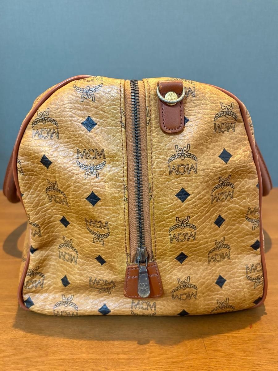MCM Authentic Visetos Leather Handbag Brown Boston Bag Gold Logo Double Handle