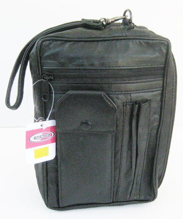 Black Leather Men’s Messenger Organizer Travel Pouch Phone Bag Hand Strap