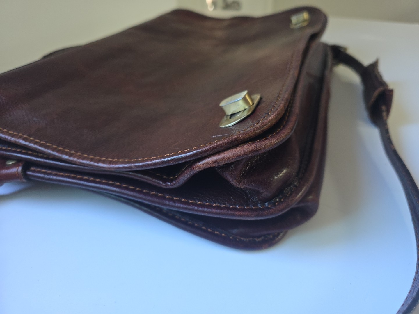 Prodotto Artigianale Vera Pelle Brown Leather Shoulder Messenger Bag Made Italy
