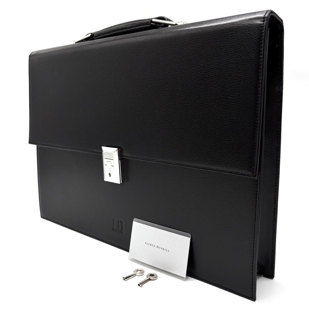 Dunhill Flap Briefcase Business Bag Black Leather Top Handle Lock & Key Men’s