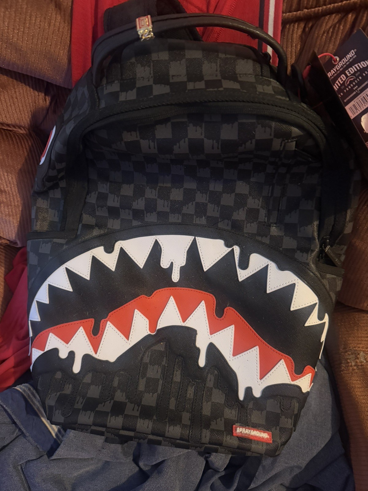 Sprayground Shark Dipping DLXV Leather Bag Backpack Unisex Black Gray Plaid