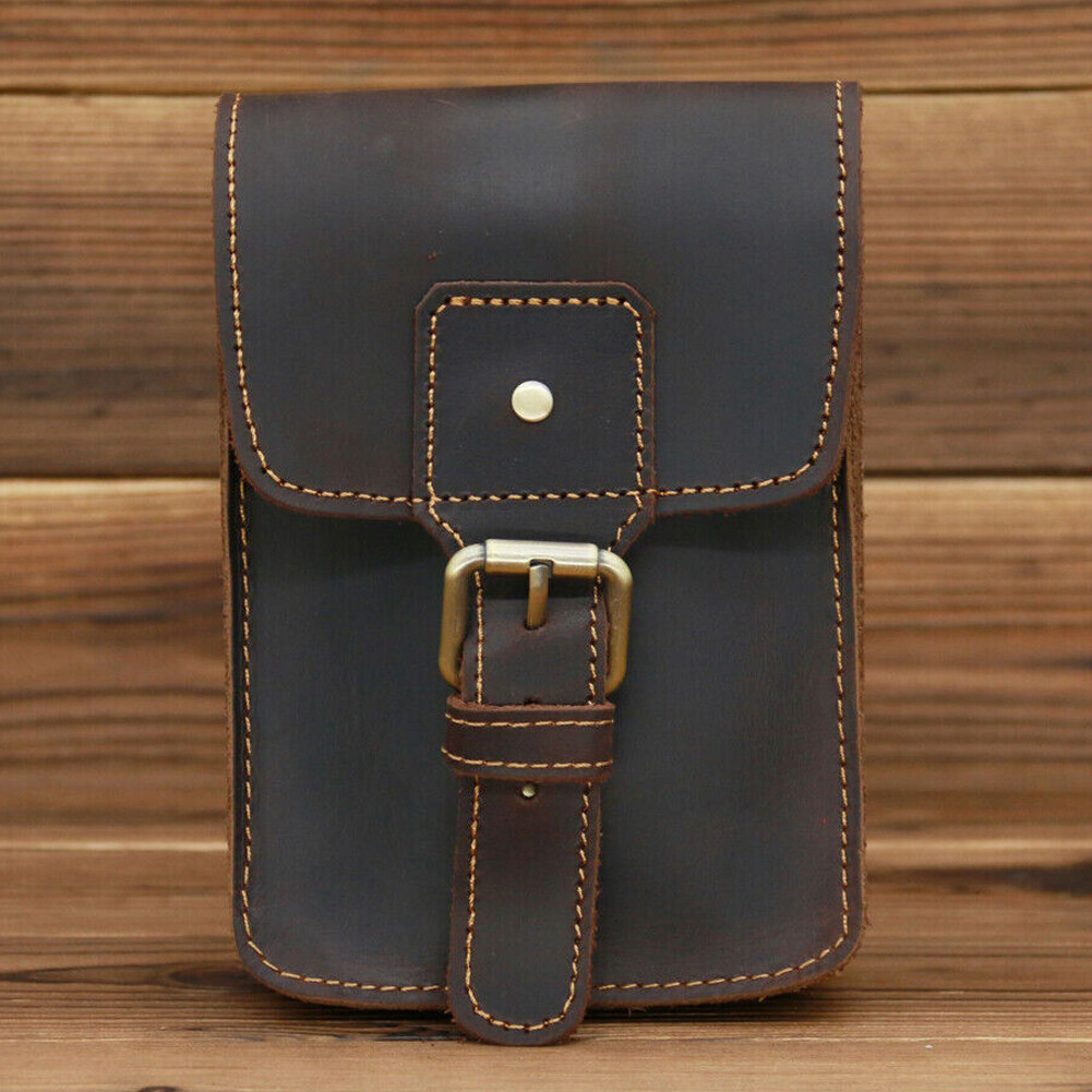Crazy Horse Leather Men Small Waist Bag Pouch Hook Fanny Waist Belt Pack-