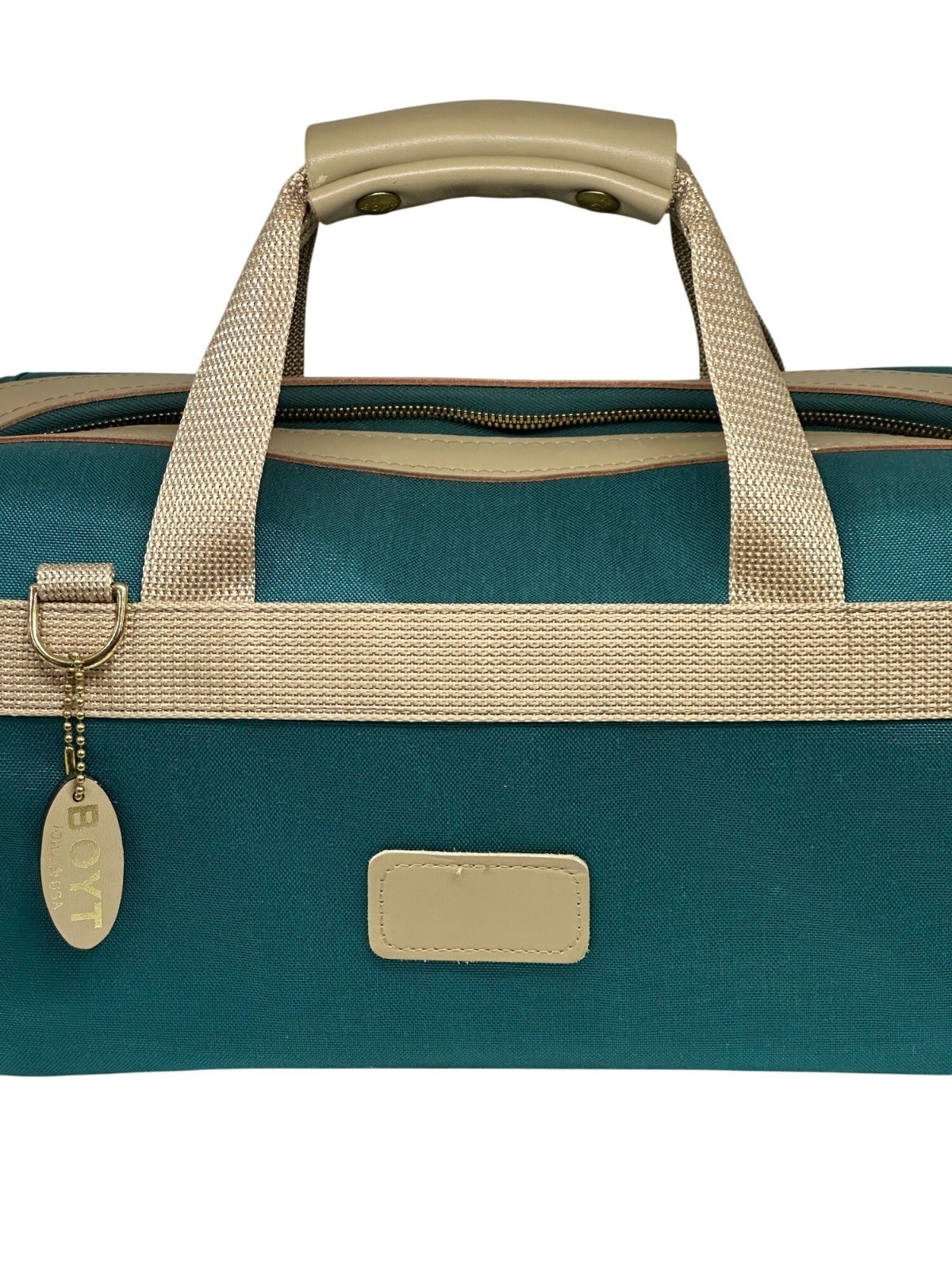 VTG BOYT Canvas Leather Duffle Bag Teal Tan Weekender Travel Tote USA Made Retro
