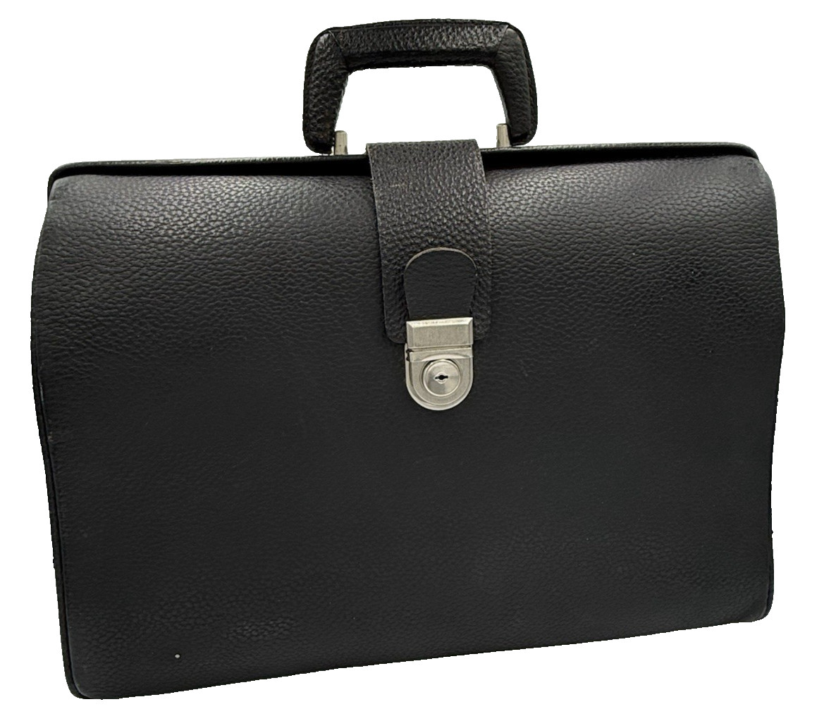 1970s Furmau German Leather Briefcase W/ KEY Black Top Handle Attache Rugged