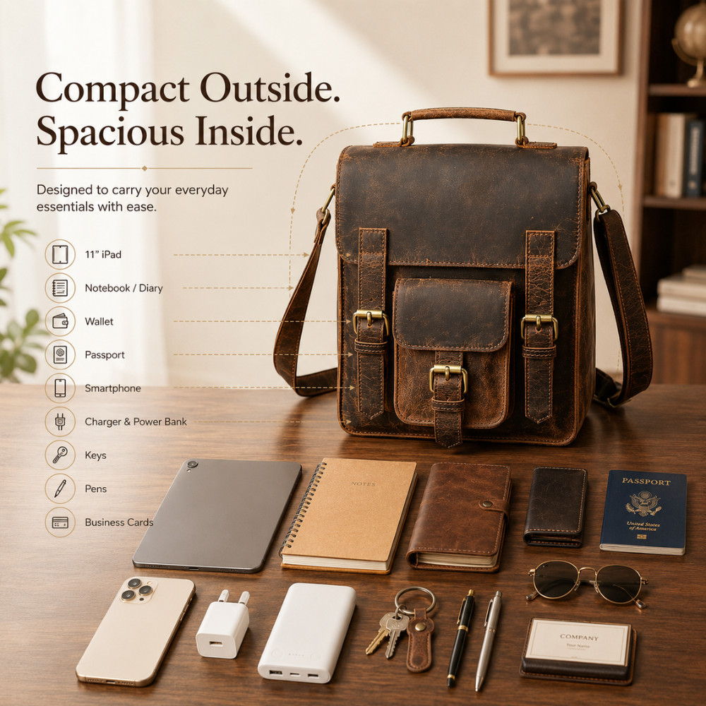 11″ Buffalo Leather Sling Bag Men’s Dark Brown Crossbody Messenger Bag for iPad