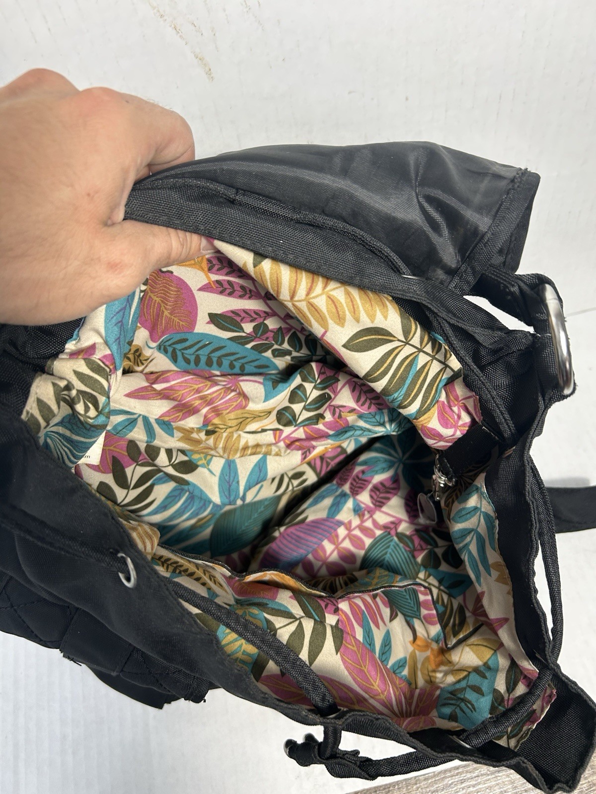 Black Men’s Backpack Drawstring Closure Quilted Flap Pockets Adjustable Strap