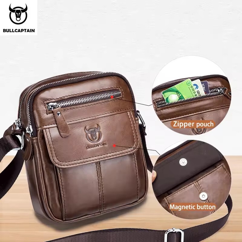 BULLCAPTAIN Men leather Shoulder Crossbody Travel Messenger Chest Sling Bag