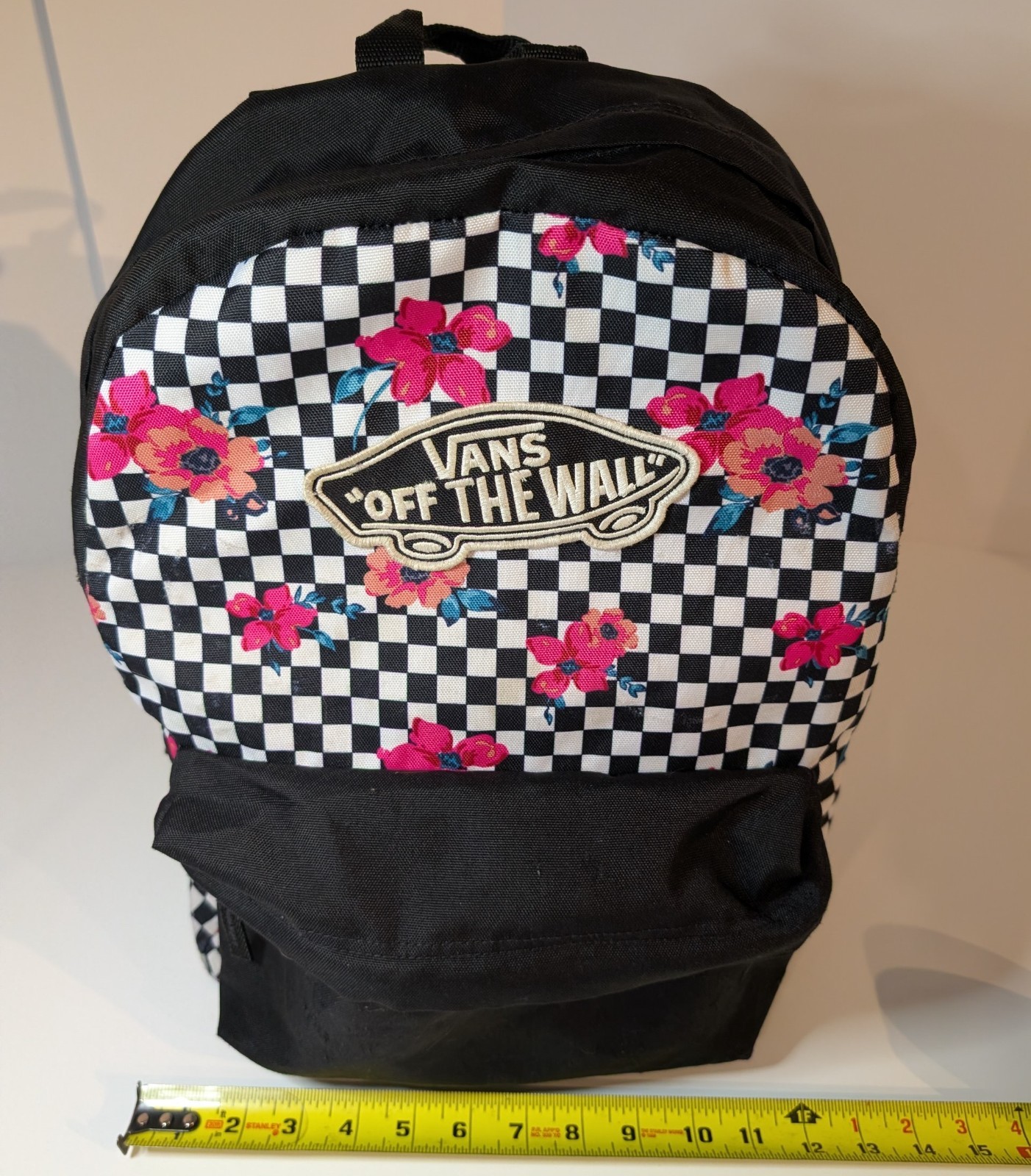 Vans Off The Wall Backpack Black White Checkered Floral with Pink Roses, Daypack