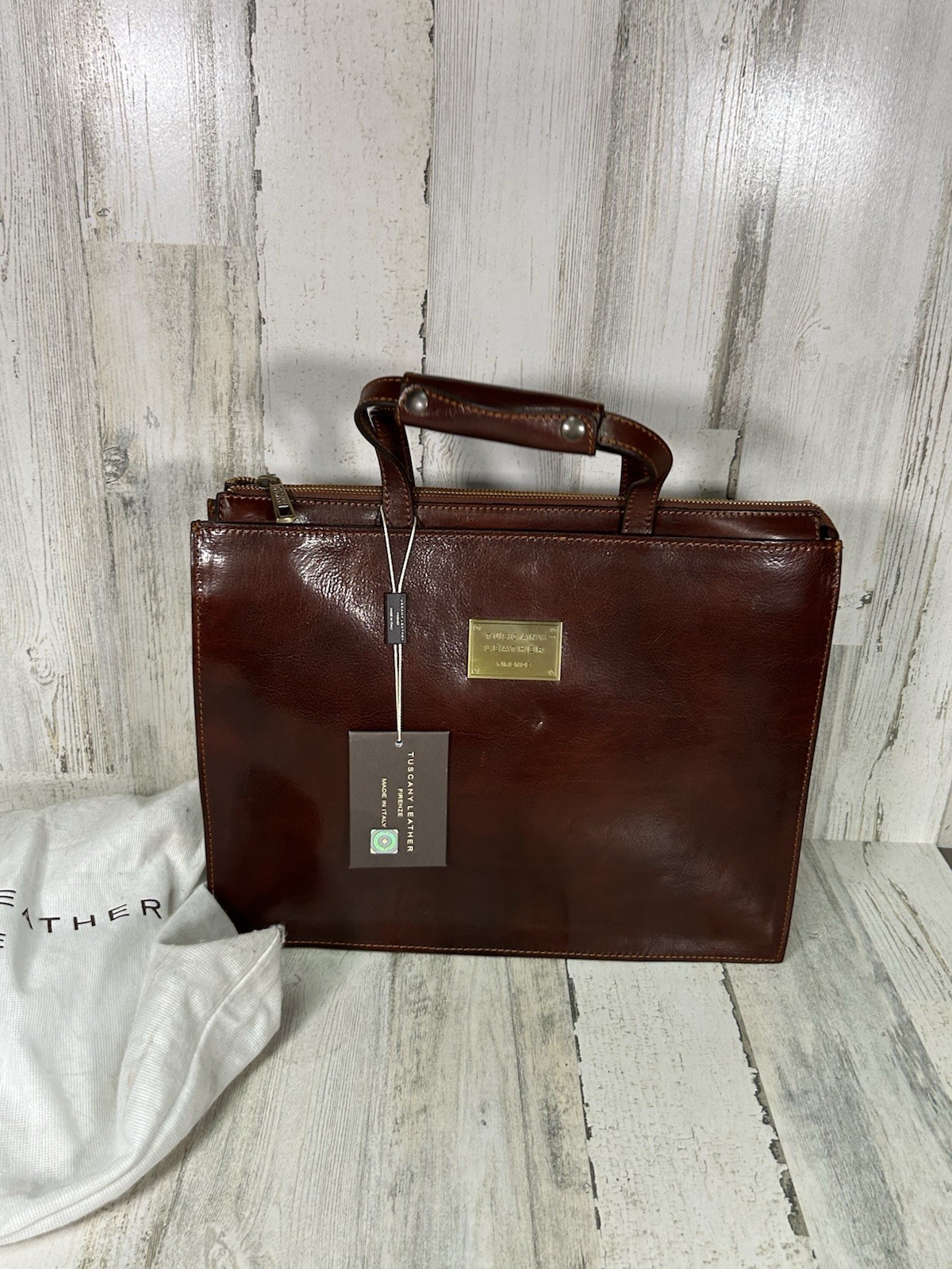 NWT Tuscany Palermo Leather 3-Compartment Unisex Briefcase Brown Made In Italy