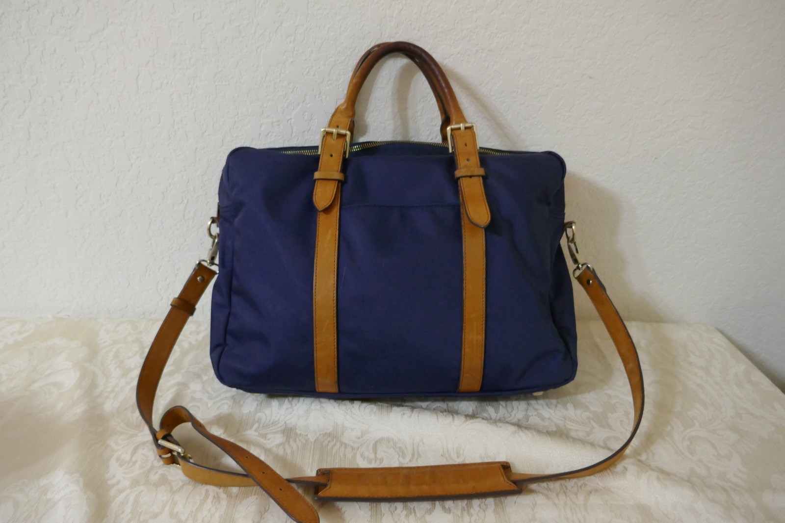 STUART O LAU The Cary Blue Nylon Briefcase Tan Leather Trim Red Interior
