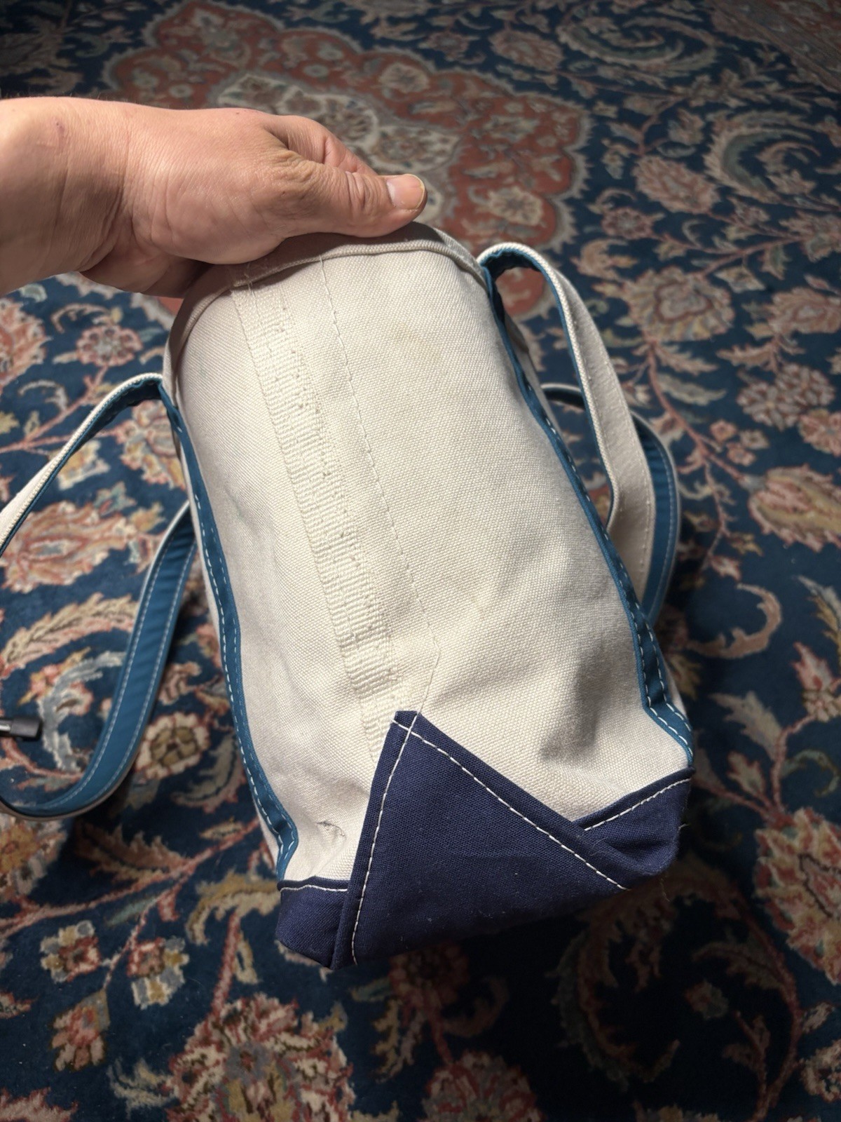 LL Bean Boat & Tote Bag Medium Royal Blue Turquoise Long Handle EUC Purse