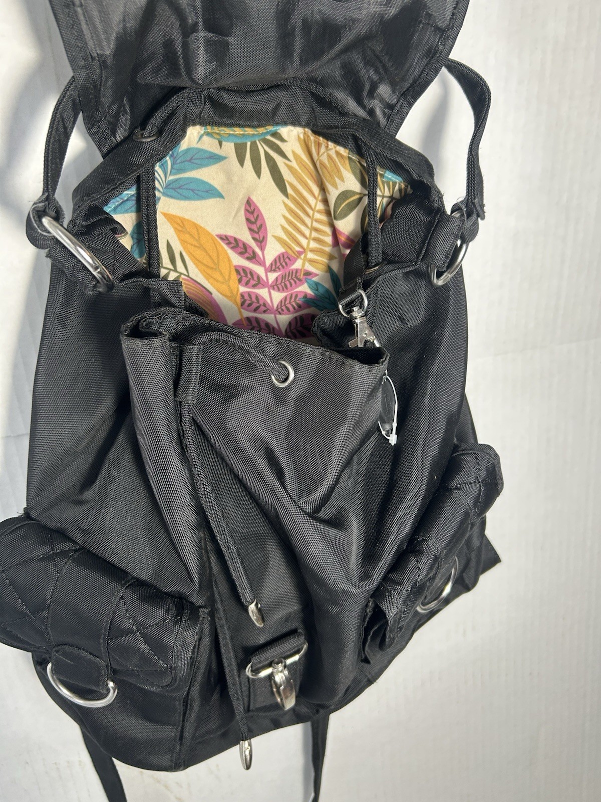 Black Men’s Backpack Drawstring Closure Quilted Flap Pockets Adjustable Strap