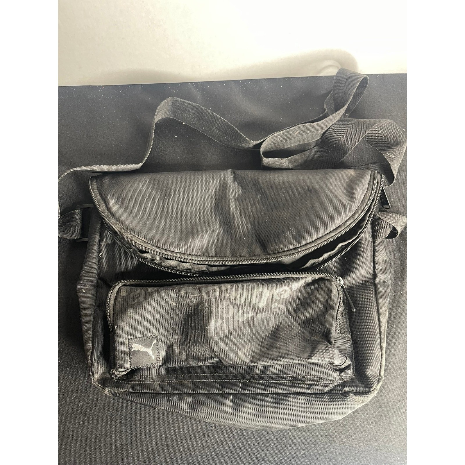 Puma Messenger Bag Black Canvas Leopard Print Accent Crossbody Adjustable Strap