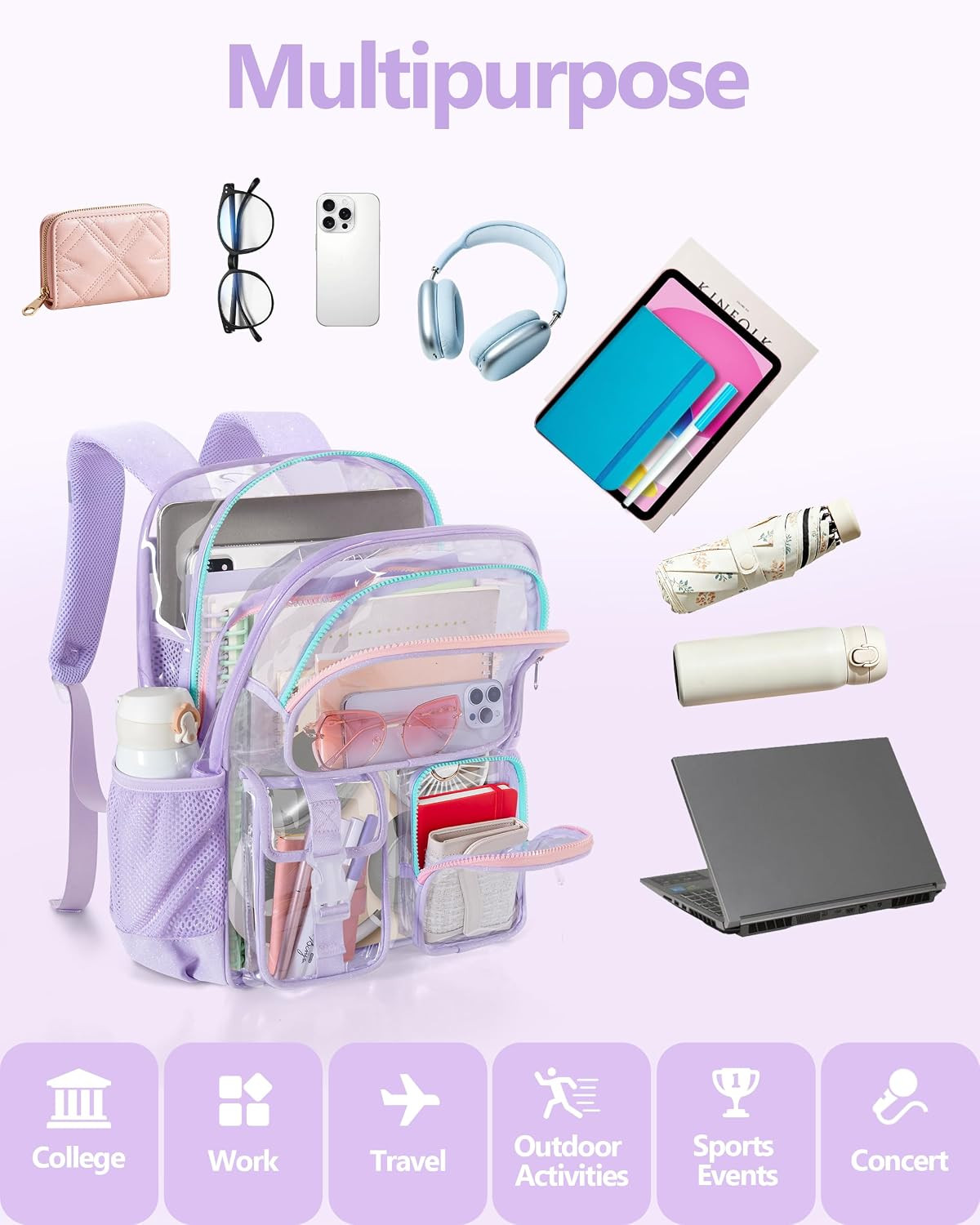 Rolling Clear Backpack with Base Board, 17-Inch Heavy Duty PVC Transparent Backp