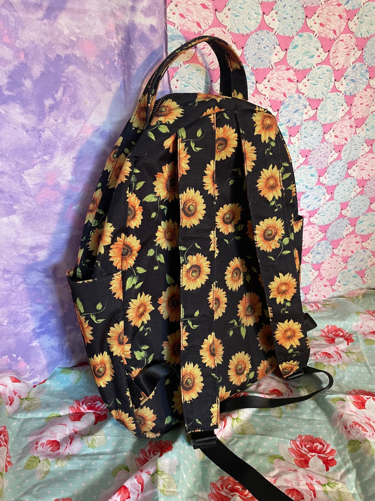 UNBRANDED STANDARD SIZE BLACK SUNFLOWER PRINT 2 POCKET SCHOOL BACKPACK UNISEX NY