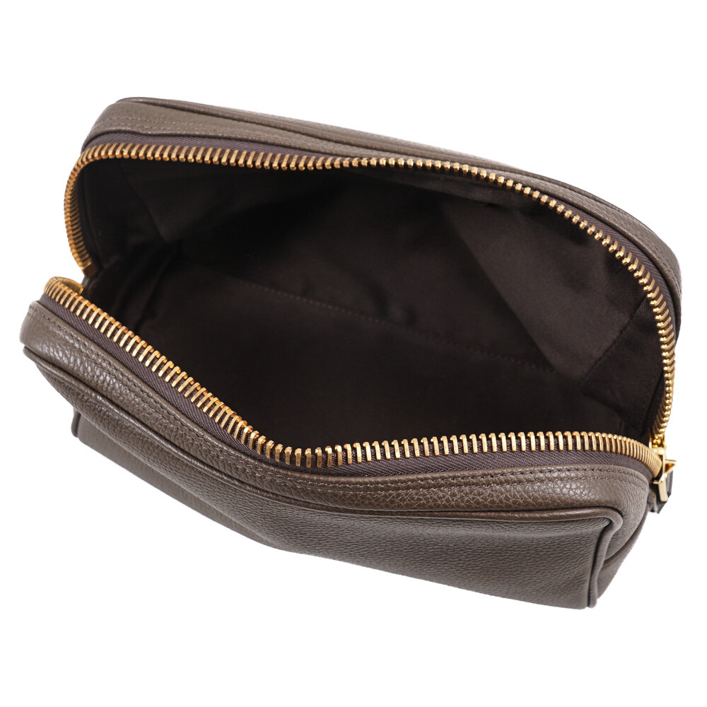 Tom Ford Olive Brown Pebble Grained Leather Single Zip Toiletry Bag New