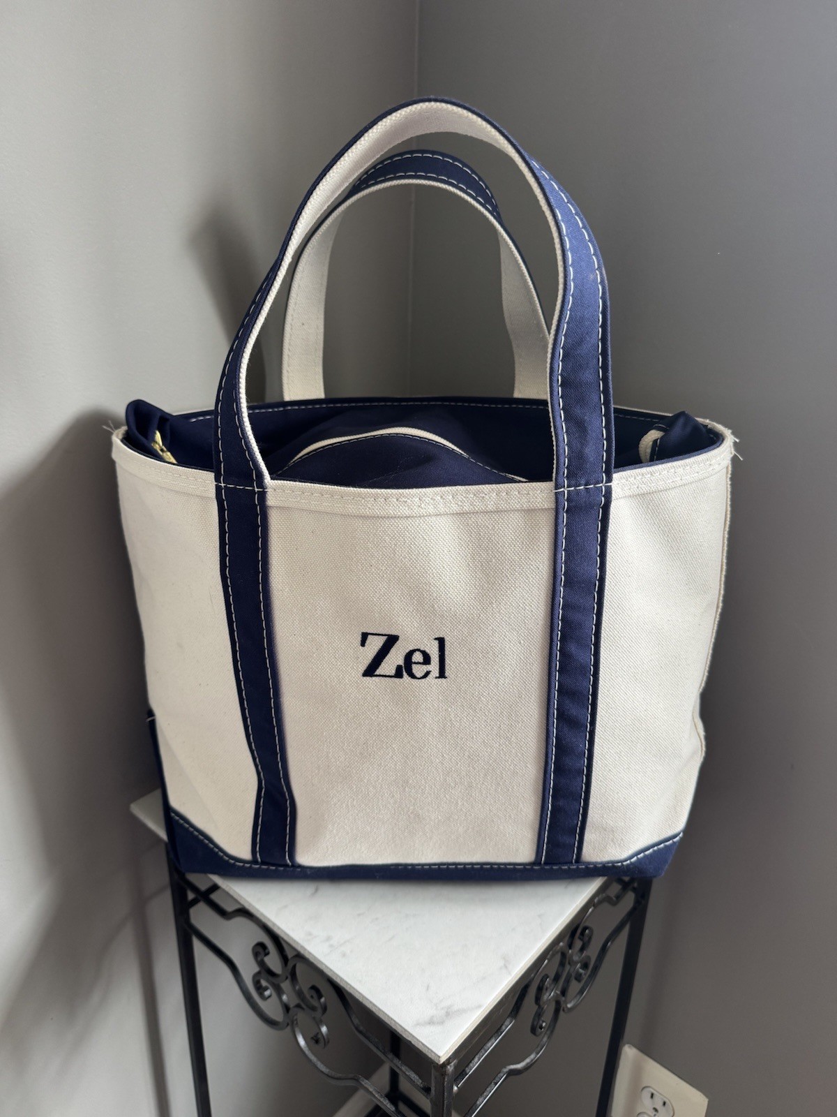 Vtg 90s LL Bean Boat and Tote CLASSIC Medium Navy Canvas ZIP TOP Monogram 🔥🔥