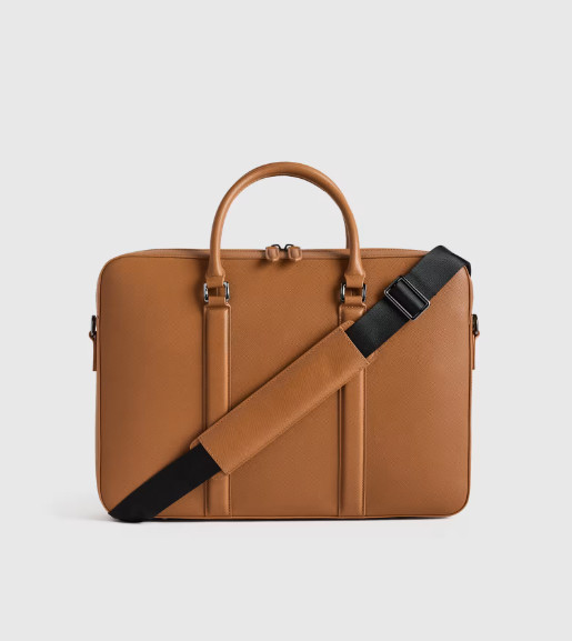 NWT QUINCE ITALIAN SAFFIANO LEATHER BRIEFCASE LAPTOP BAG COGNAC MSRP $174
