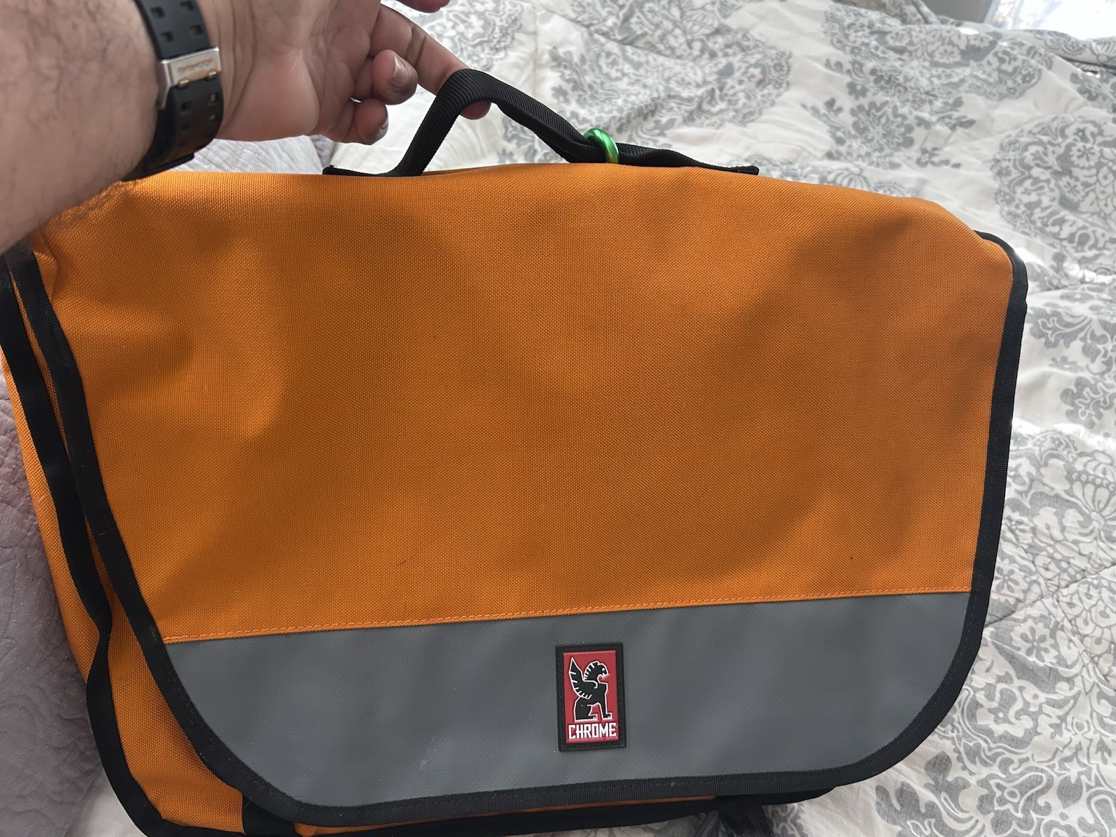 Chrome Orange/Gray/Black Messenger Bag, Zip & Buckle Closure, Adjustable Strap