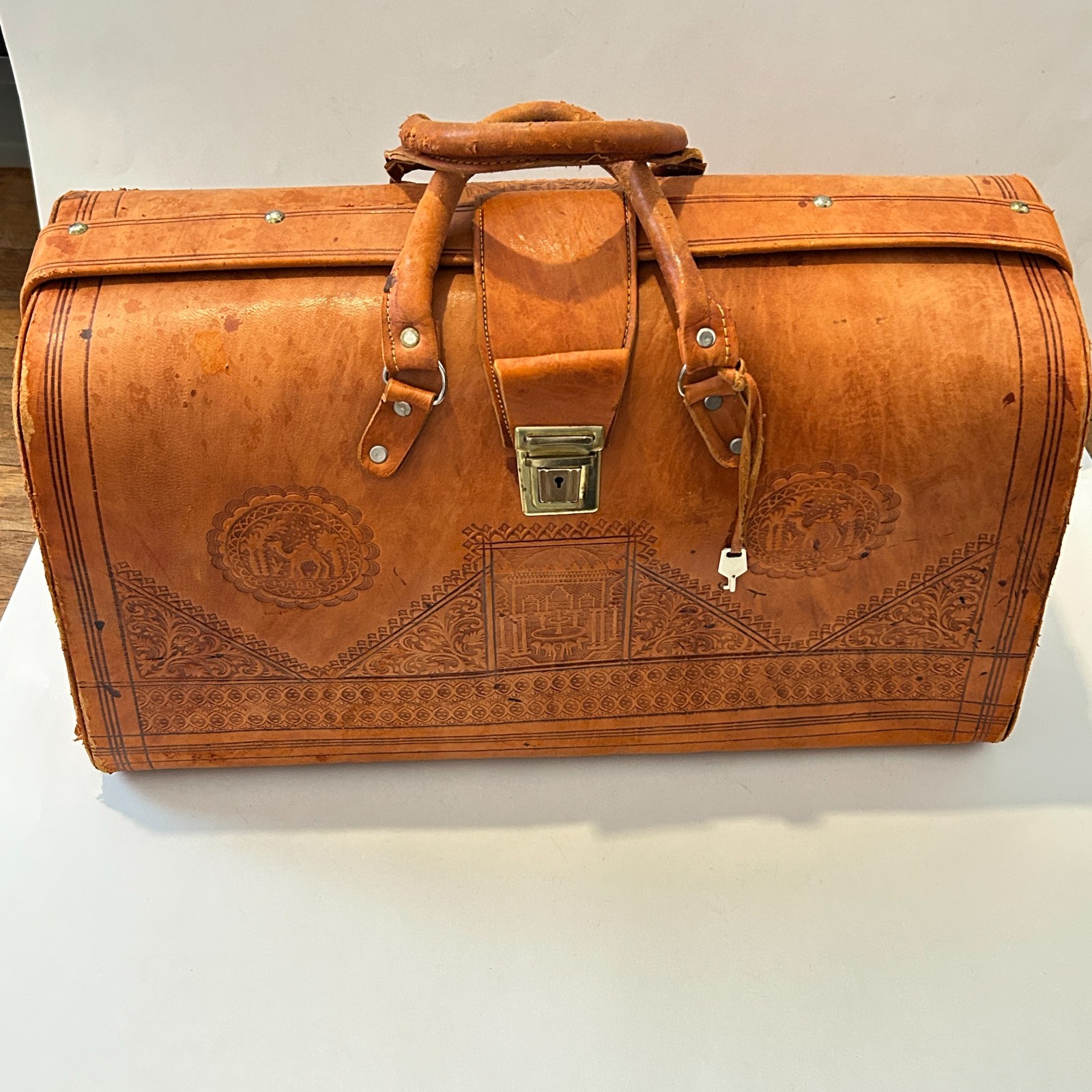 Vtg Egyptian Tooled Leather Suitcase Overnight Satchel Bag Handmade OOAK