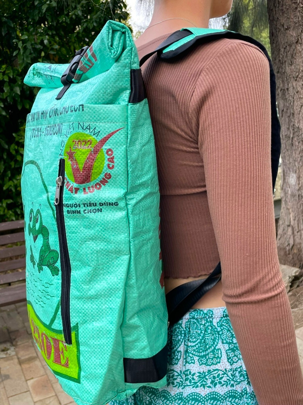 Fair Trade Recycled Frog Duffle Backpack