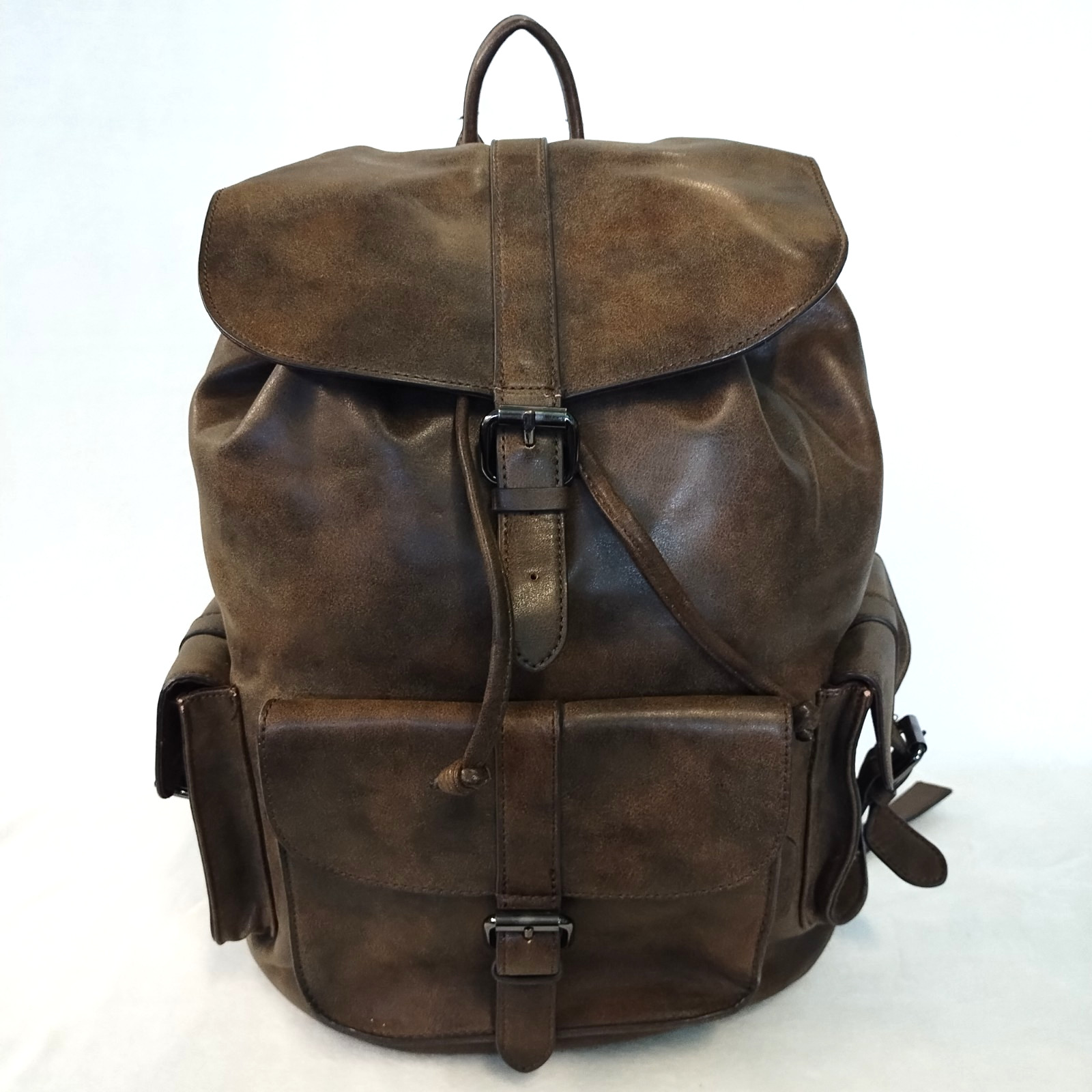 ALDO Brown Faux Leather Bucket Drawstring Backpack Buckle Top Sides GUC
