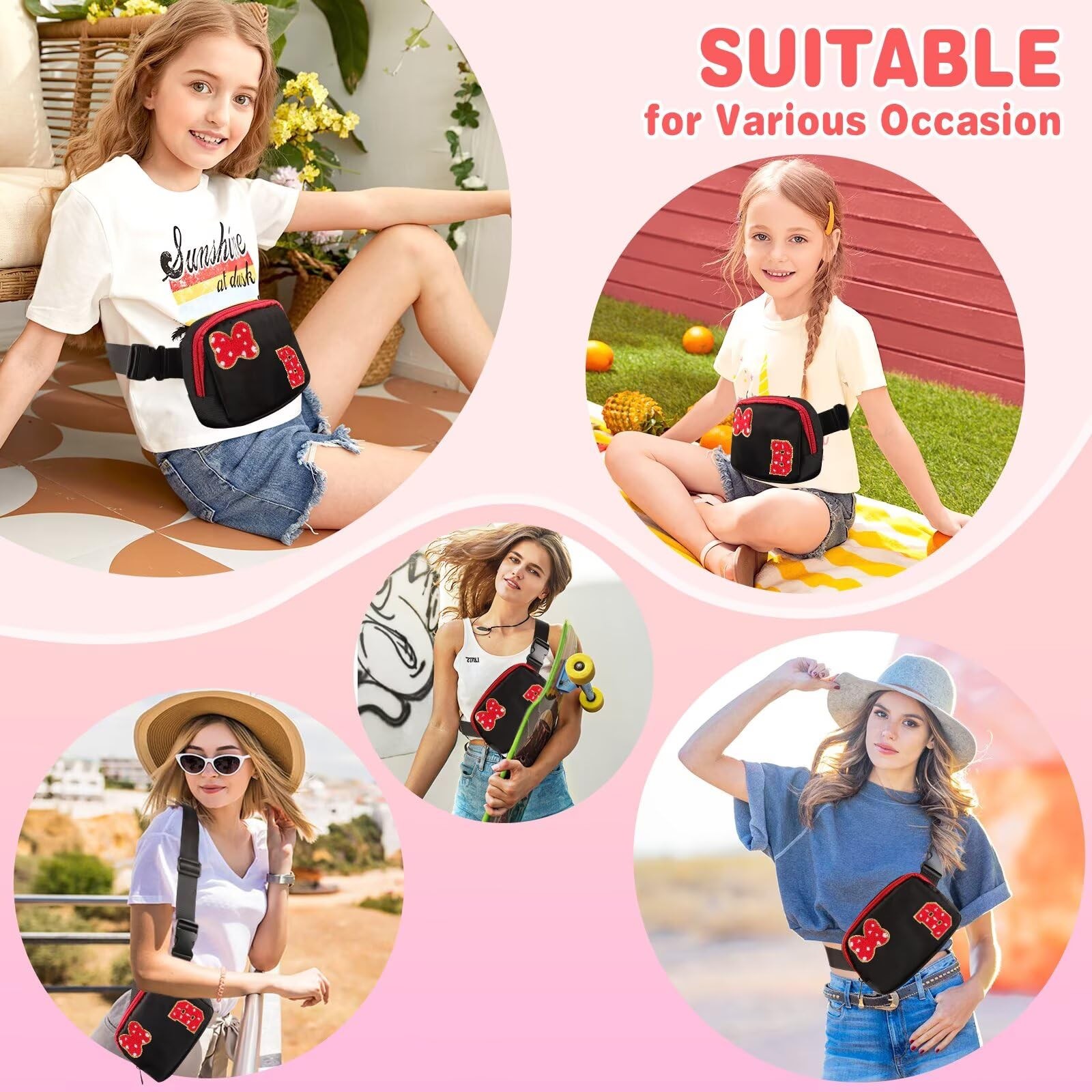 Initial Letter Bow Mouse-Ear Fanny Pack for 7.48 x 2.1 x 5.11 inches, Black