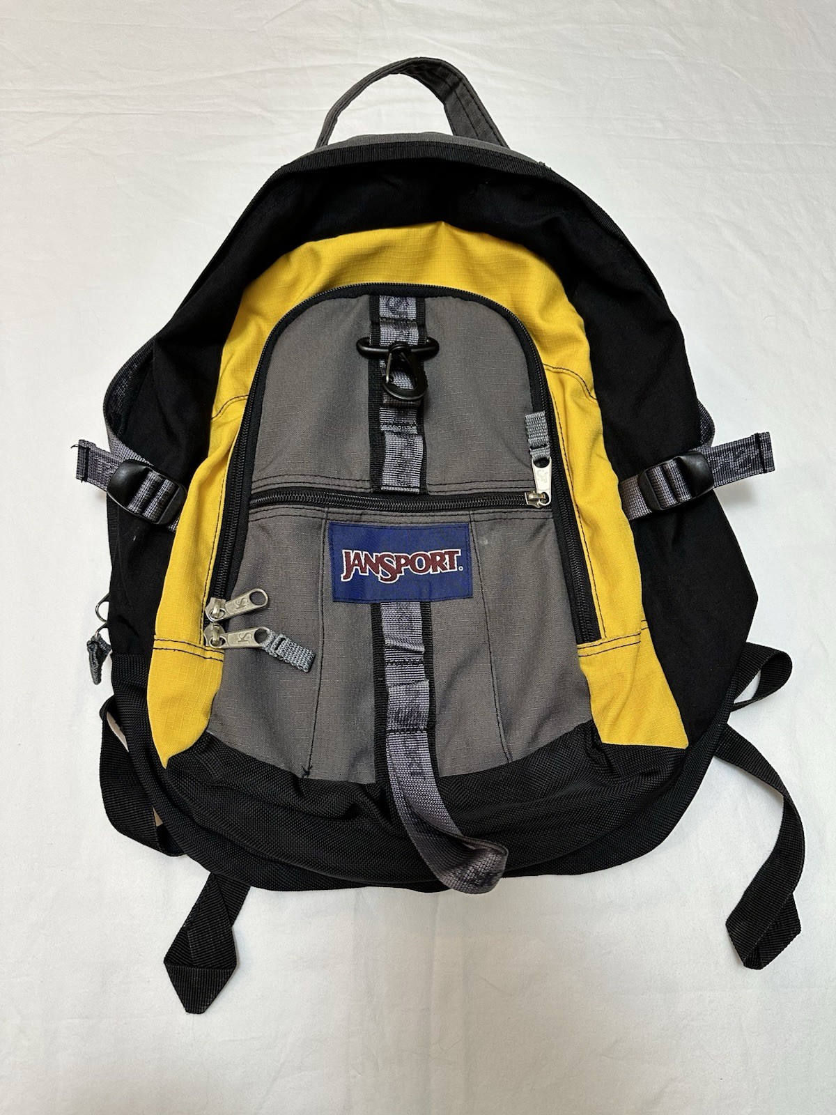 Vintage Y2K Jansport Backpack Yellow Gray Black 3 Pocket Hiking Day Pack