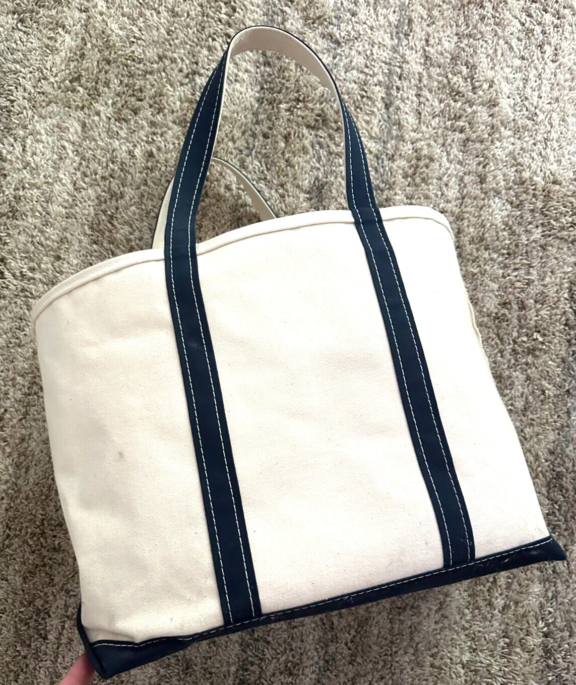 Rare Vintage LL Bean Boat & Tote Bag XL Natural & Navy Blue Canvas 23 x 24 x 12