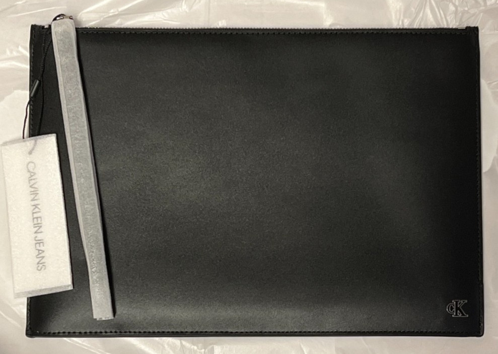 Calvin Klein CK Logo Men’s Large Black Leather Zippered Bag Pouch Case Tote