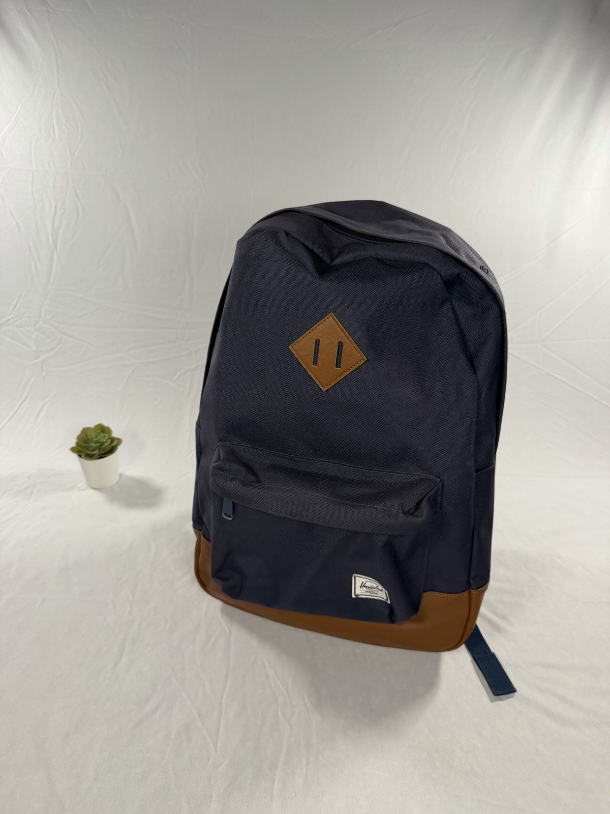 Herschel Heritage Basic Backpack Navy Blue / Brown Canvas / Leather Bookbag Bag