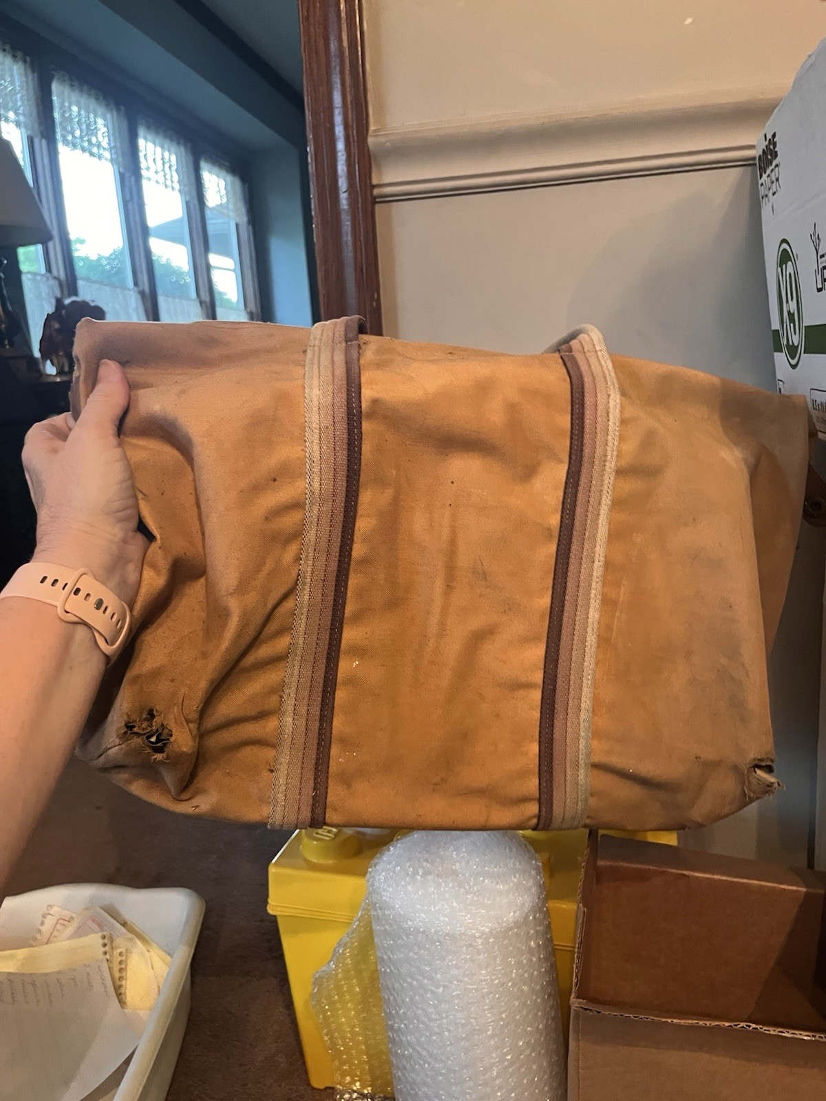 Vintage 1970’s Distressed Tan Canvas Duffle Bag Leather Straps Used With Holes