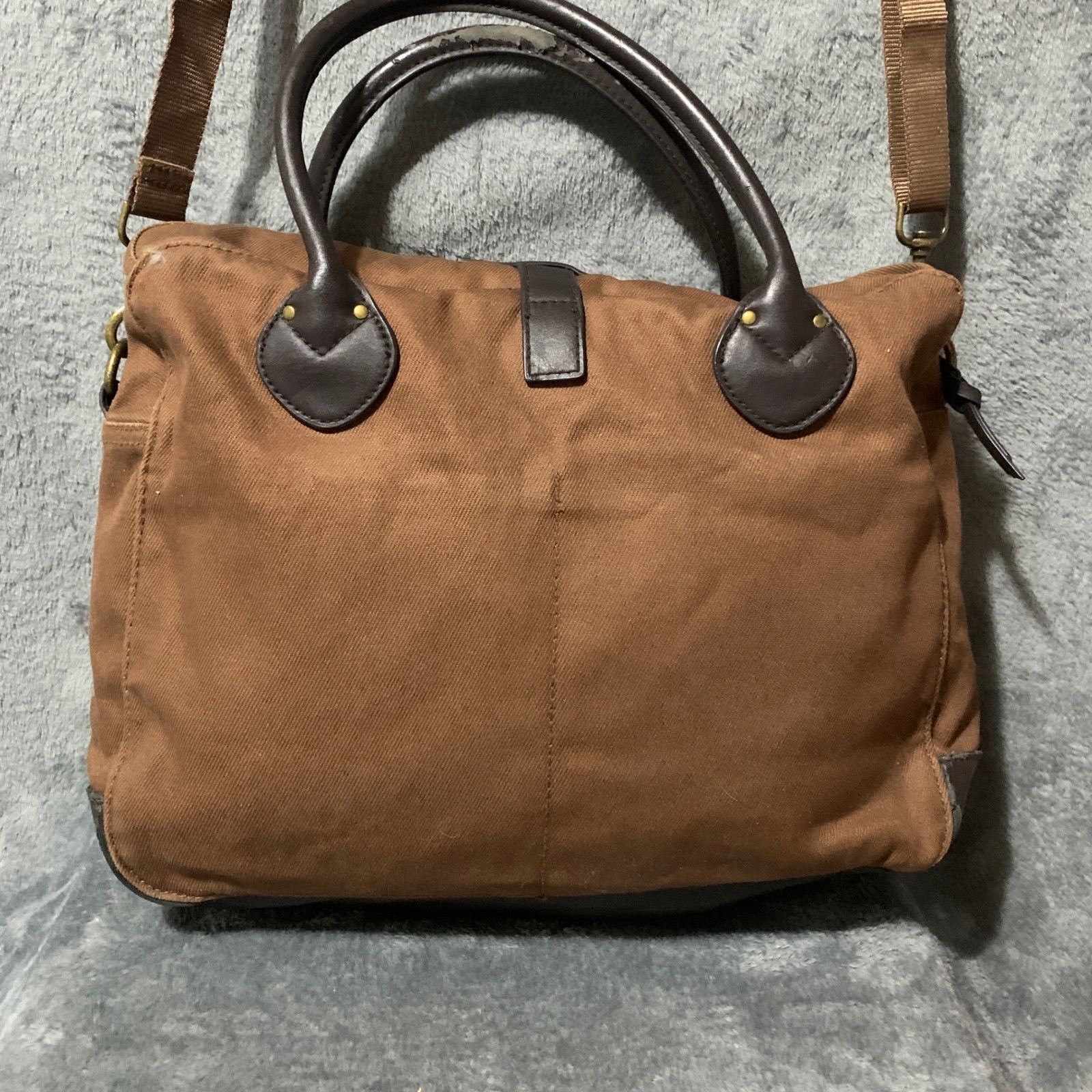 J. Crew Brown Canvas Messenger Bag Leather Trim Crossbody Satchel RN77388 Faw