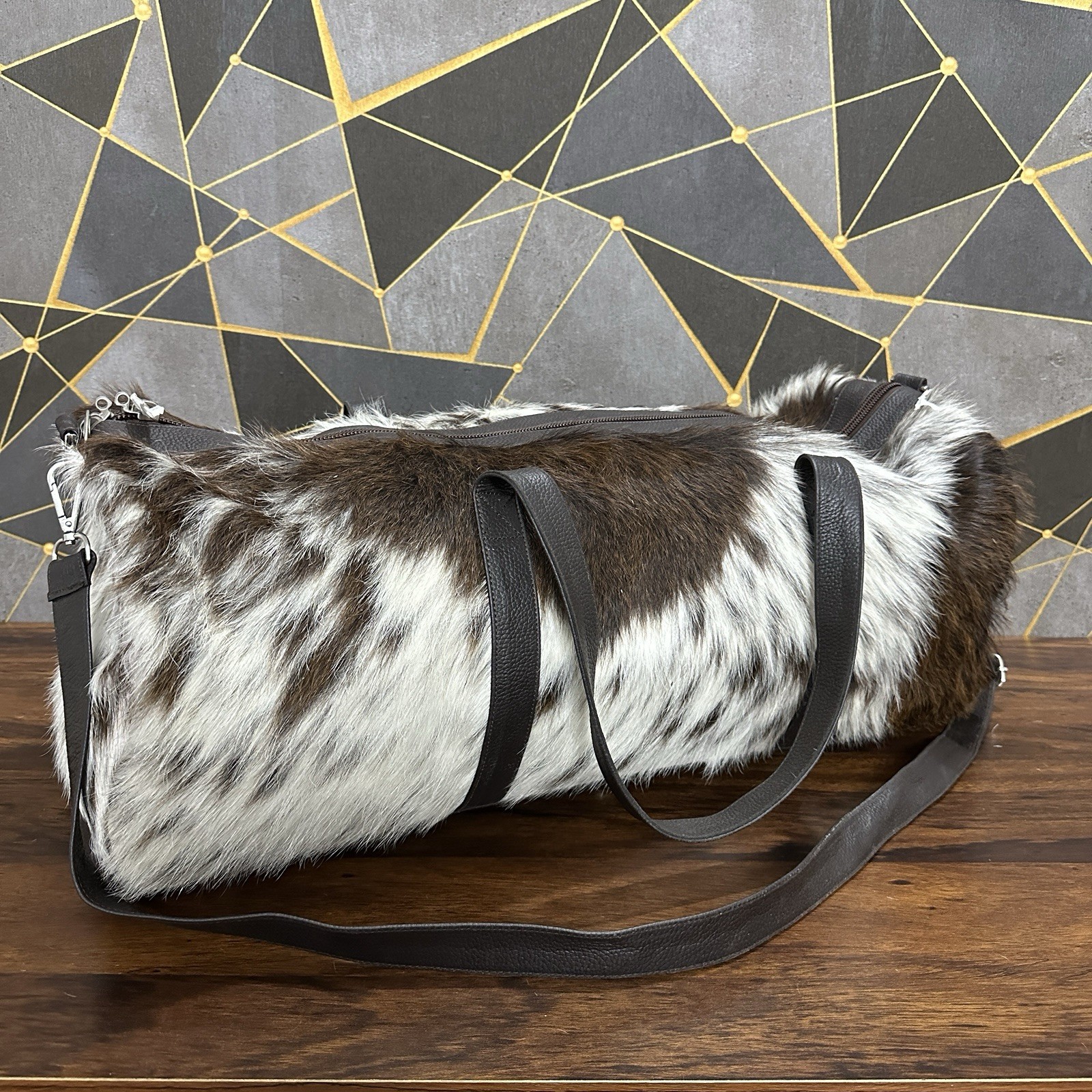 Real Cowhide Duffle Bag, Cowhide Duffle Weekender Black & White Travel Bag Gift