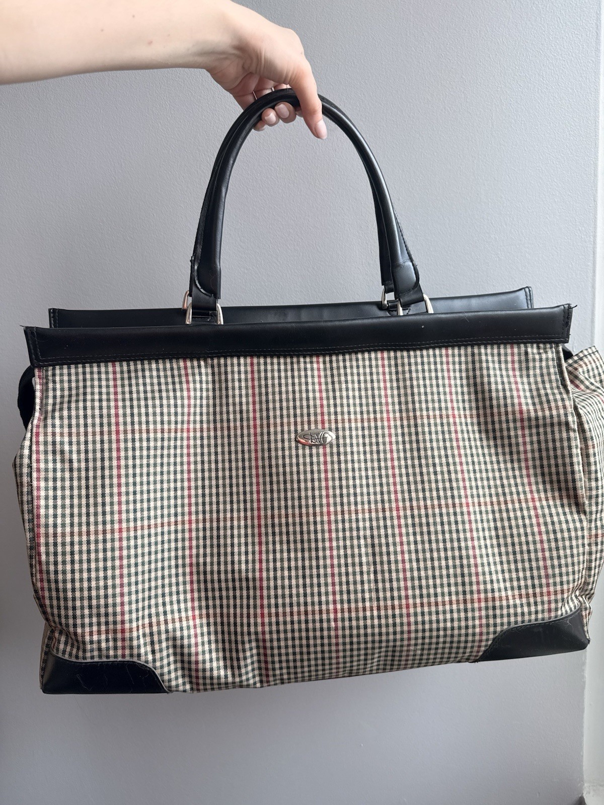 DVF Checkered Vintage Bag, Leather Handles, Zip, Black Beige Red Green