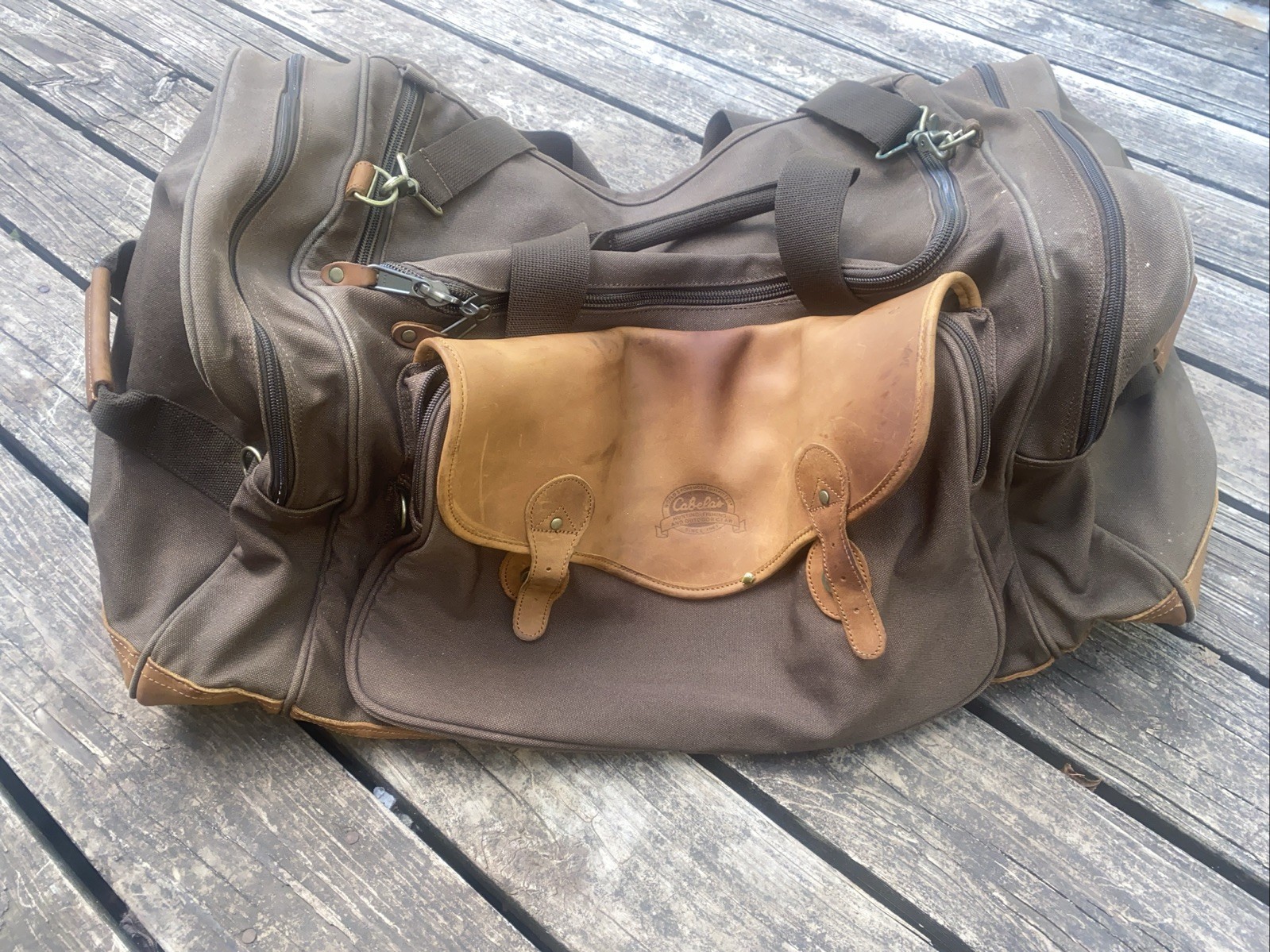 VTG Cabela’s Heavy Duty XL Canvas Leather Duffel Bag Brown Travel Hunting Large