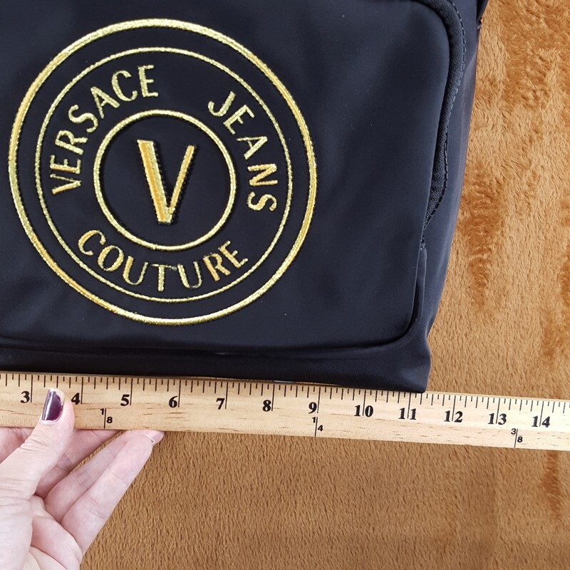 VERSACE COUTURE Backpack Black Nylon V Emblem Gold Logo Unisex $325