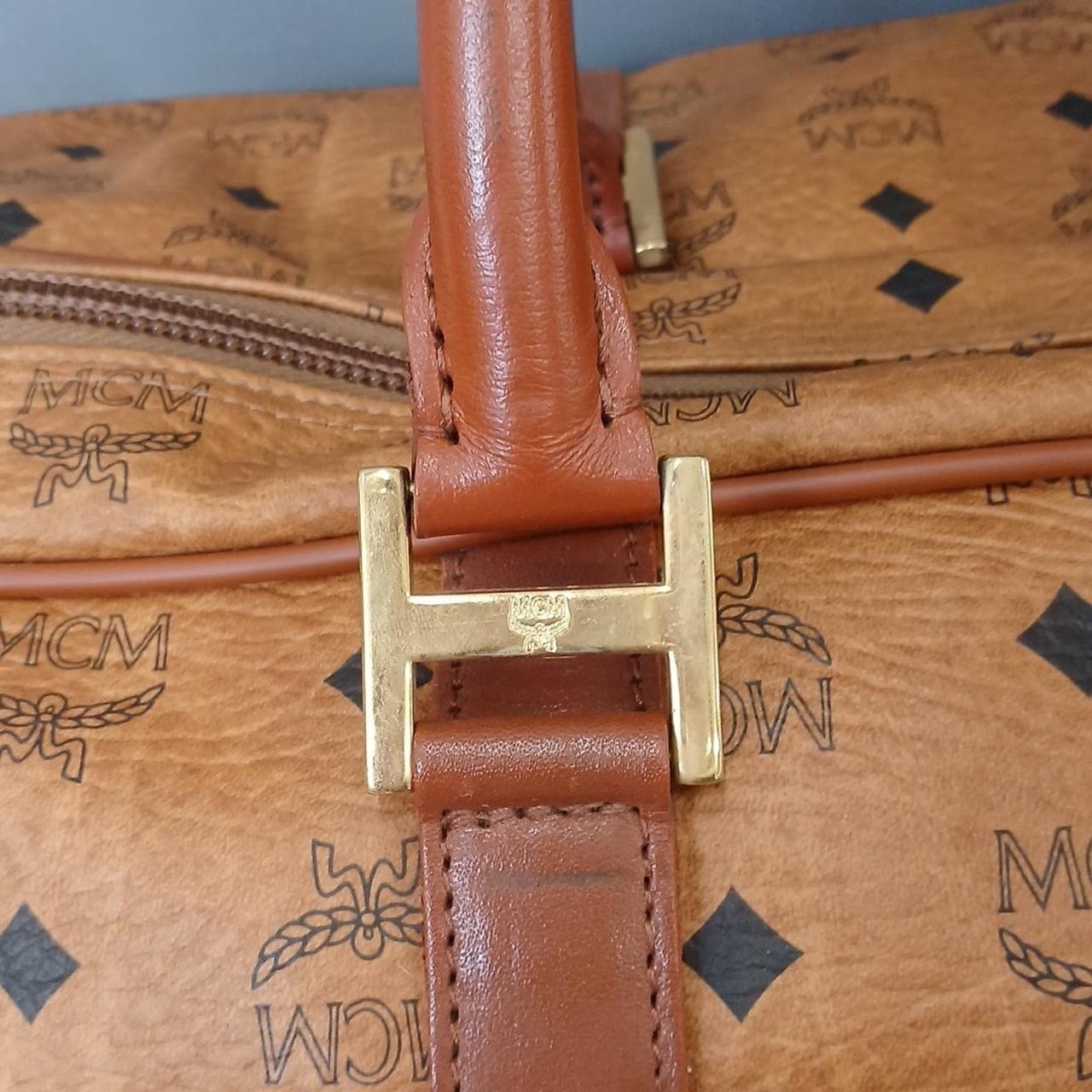 MCM Authentic Visetos Logo Handbag Camel Boston Bag Vintage w/ Shoulder Strap
