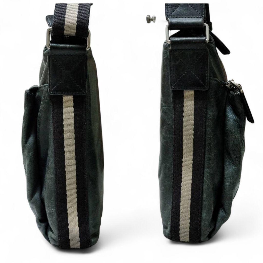 Authentic Bally Shoulder Bag Trainspotting Stripe Leather 28cm Black Crossbody