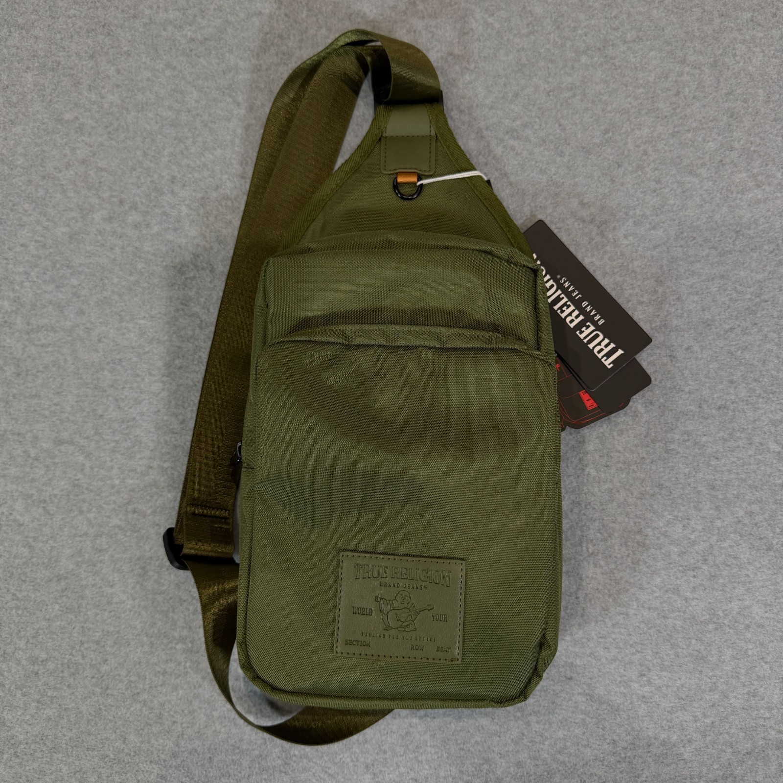True Religion Unisex Olive Green Crossbody Sling Bag Pockets Adjustable NWT