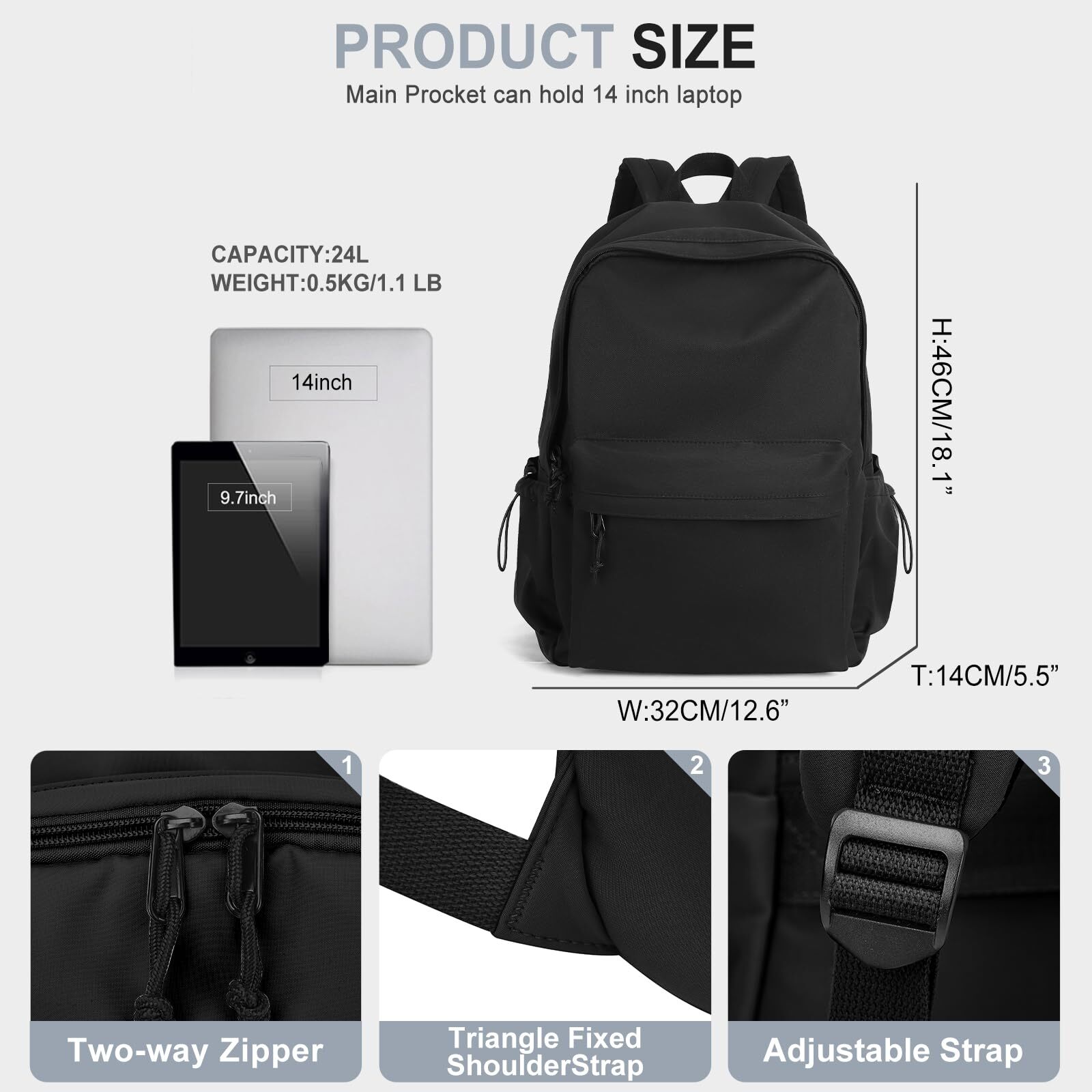 Classic Basic Black Backpack For WomenWaterproof High School BookbagLightweig…