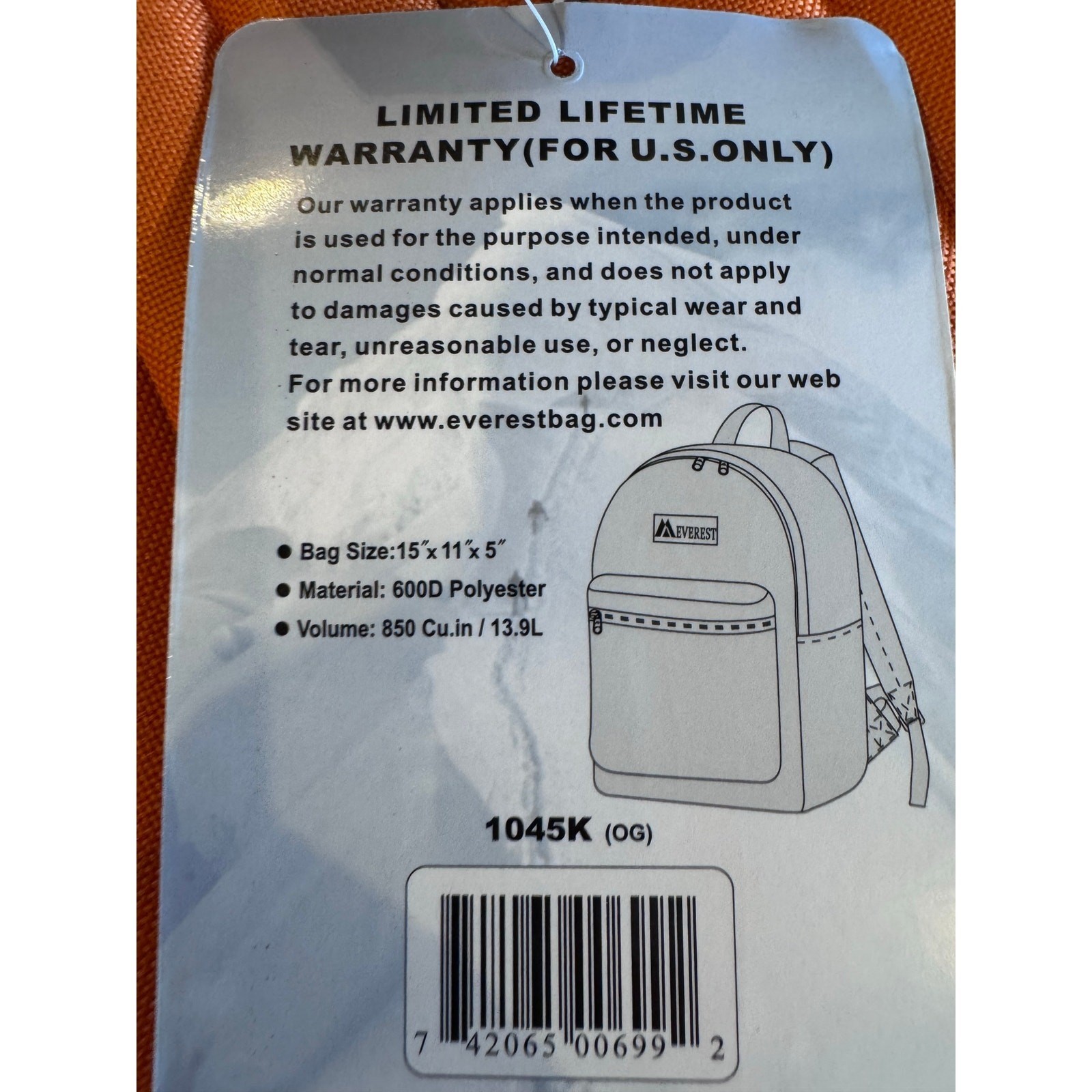 Everest Basic Backpack, Orange, One Size High Visibility