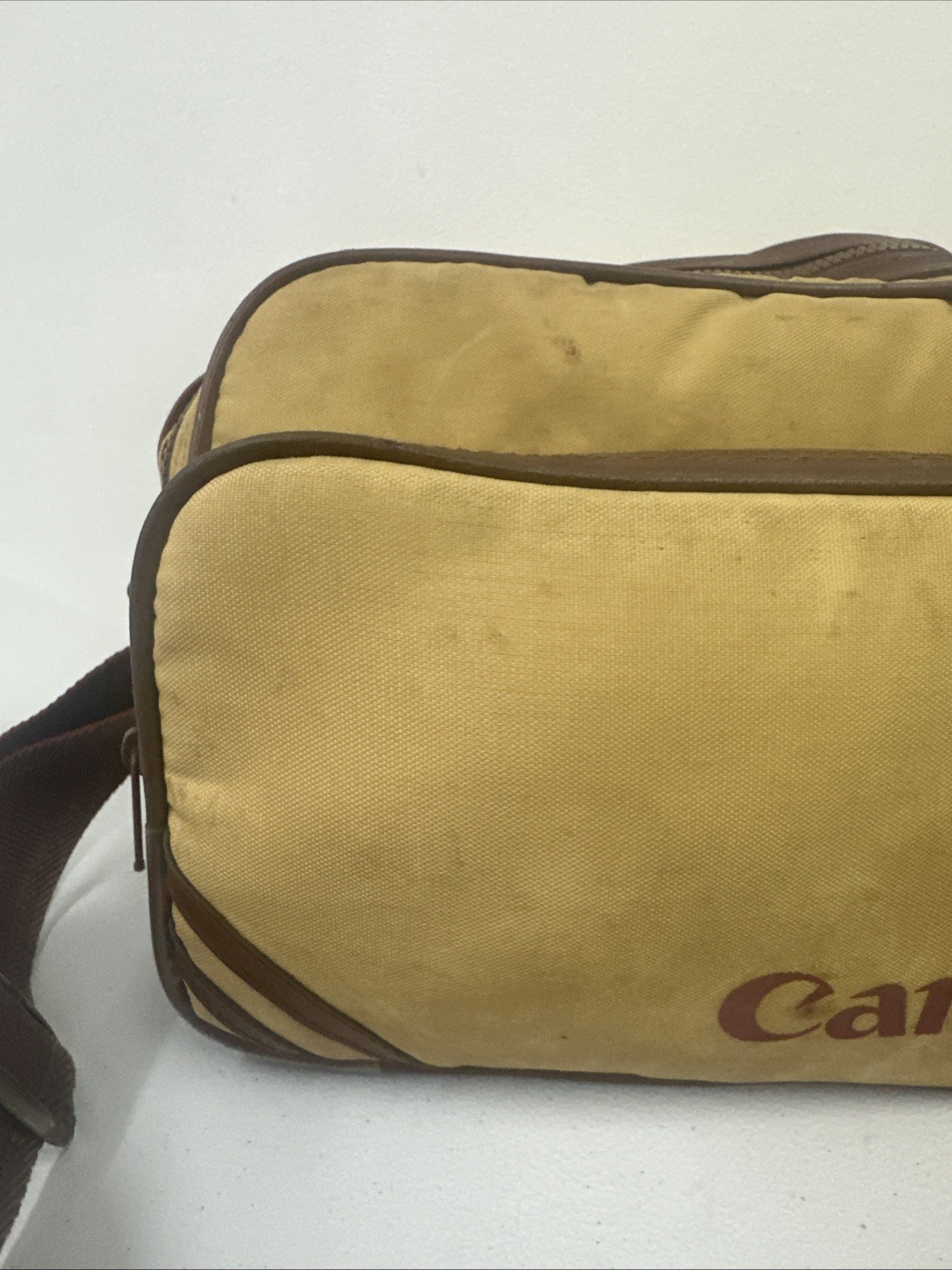 Canon Camera Bag Beige Brown Leather Canvas Zip Pockets W/Strap & Handle WORN