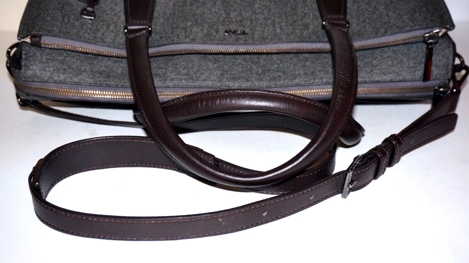 TUMI Large Gray Coated Canvas & Brown Leather Commuter Crossbody Attache’