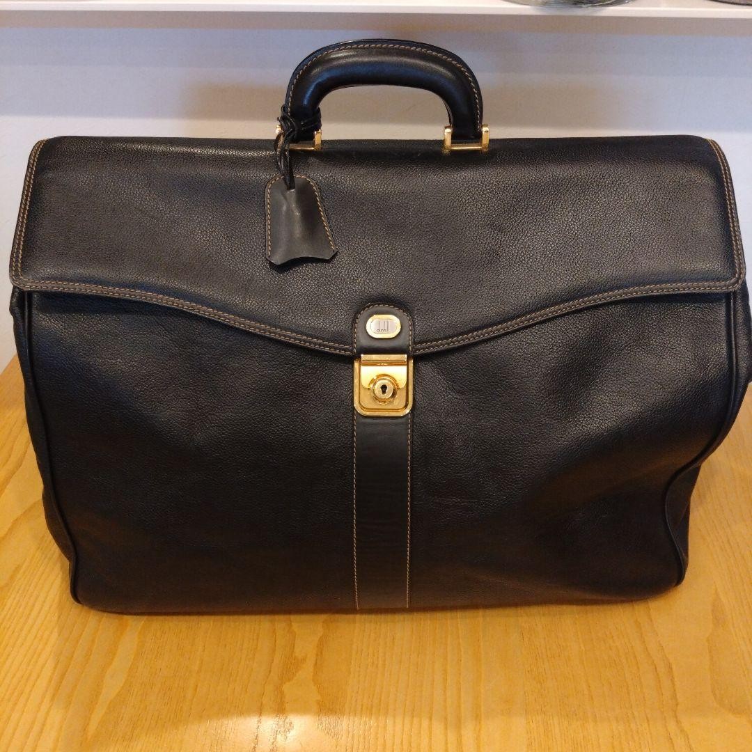 Dunhill Leather Boston Bag Travel Duffel Black Lock Flap Closure Excellent