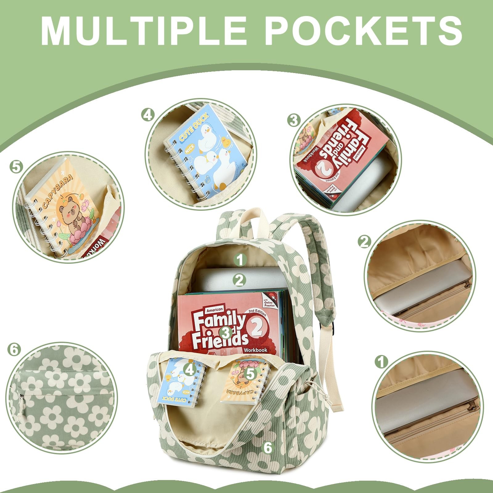 Bluboon School Backpack Set Girls Womens Beige Floral / Green-gray Base