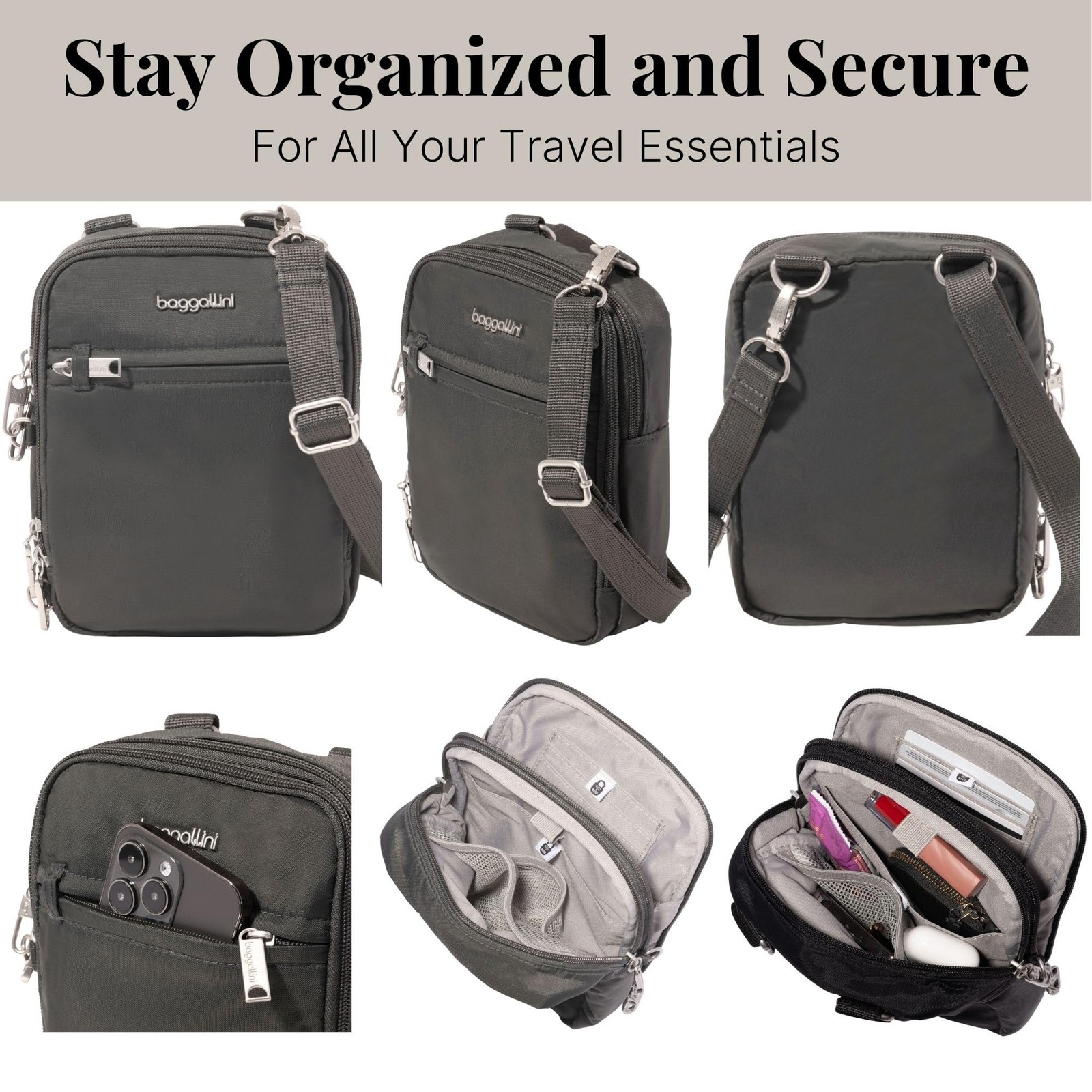 Baggallini Securtex Anti-Theft Mini Everything Crossbody One Size, Charcoal