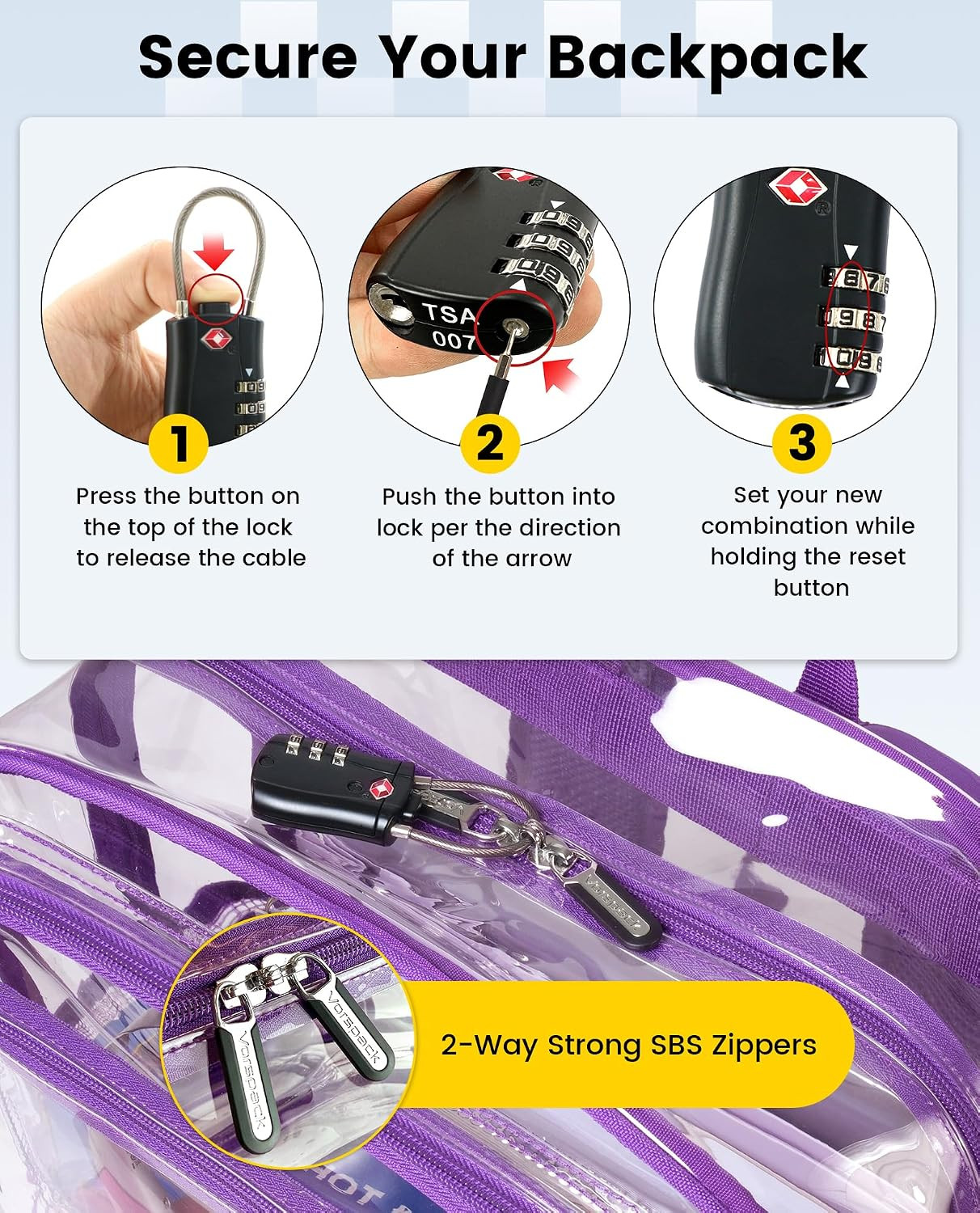 Clear Backpack with TSA Lock, Large Clear Bookbag, Purple | Heavy Duty See throu