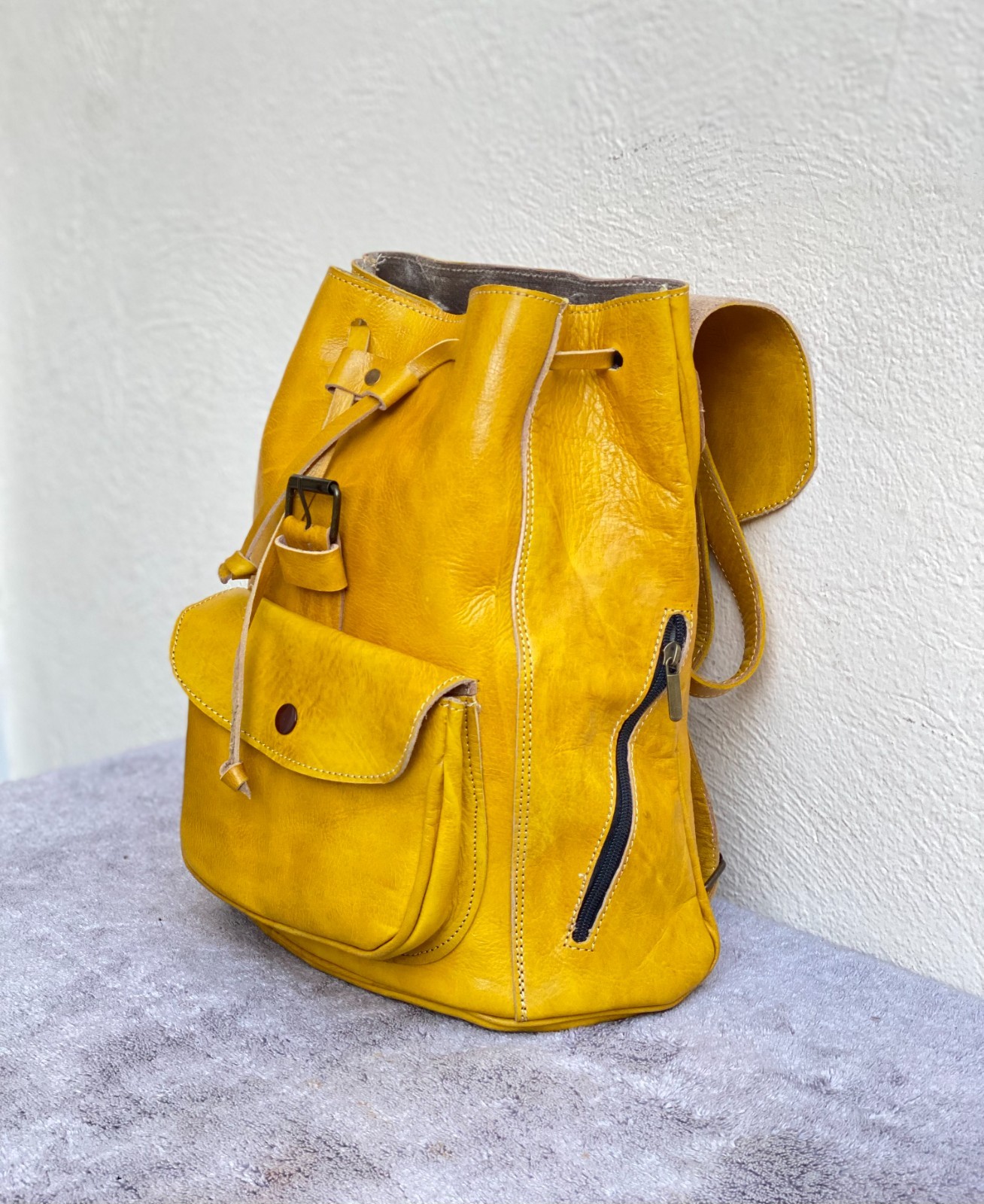 Yellow Leather Backpack Handmade Morocco Belt Buckle Front Back Pocket