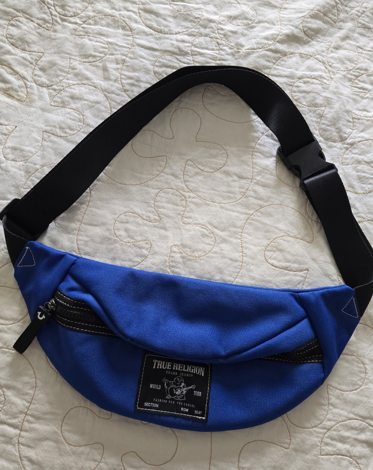 True Religion Blue Fanny Pack Hip Bag Buddha Unisex Crossbody Purse Horseshoe